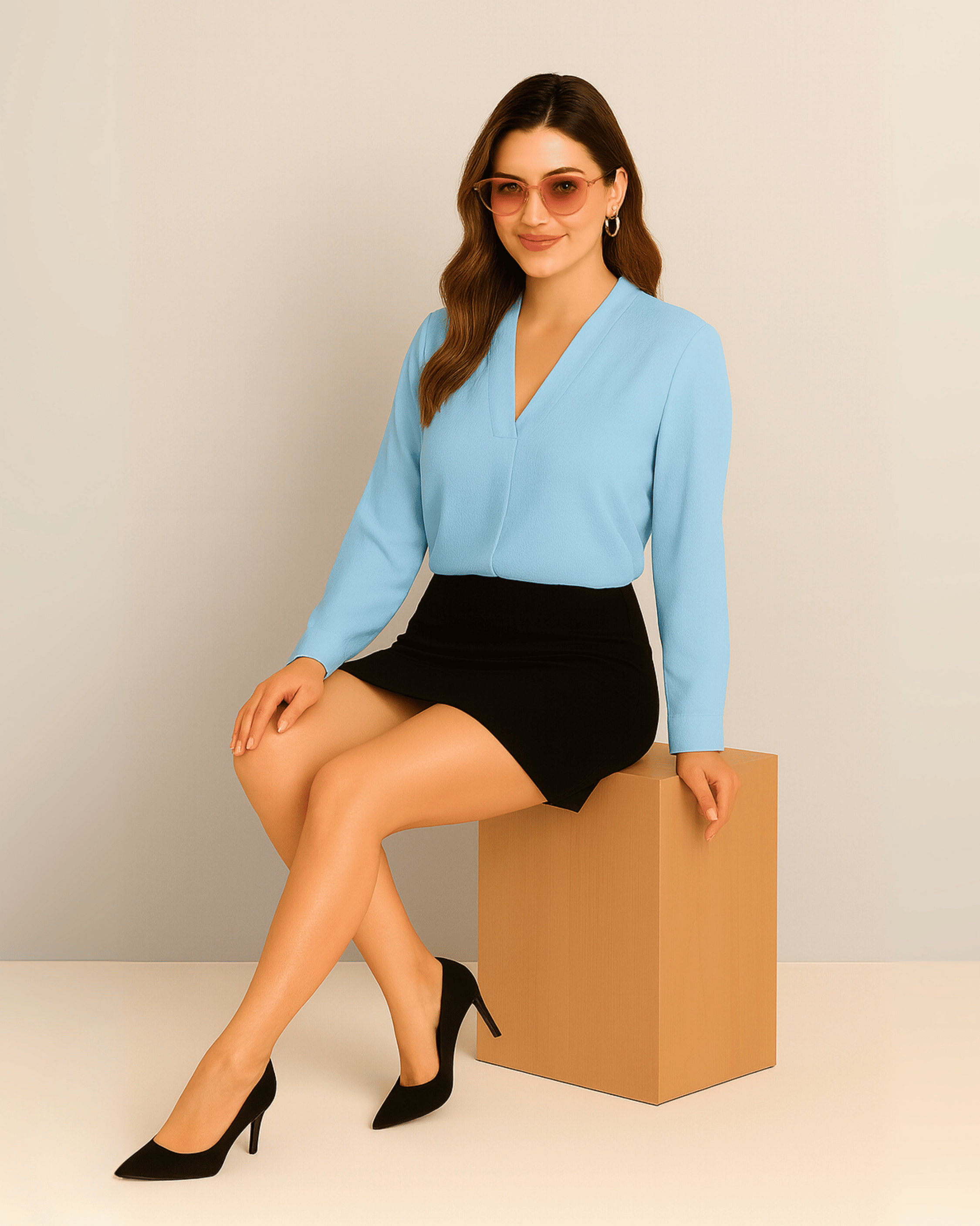 Sky Blue Long-Sleeve V-Neck Top