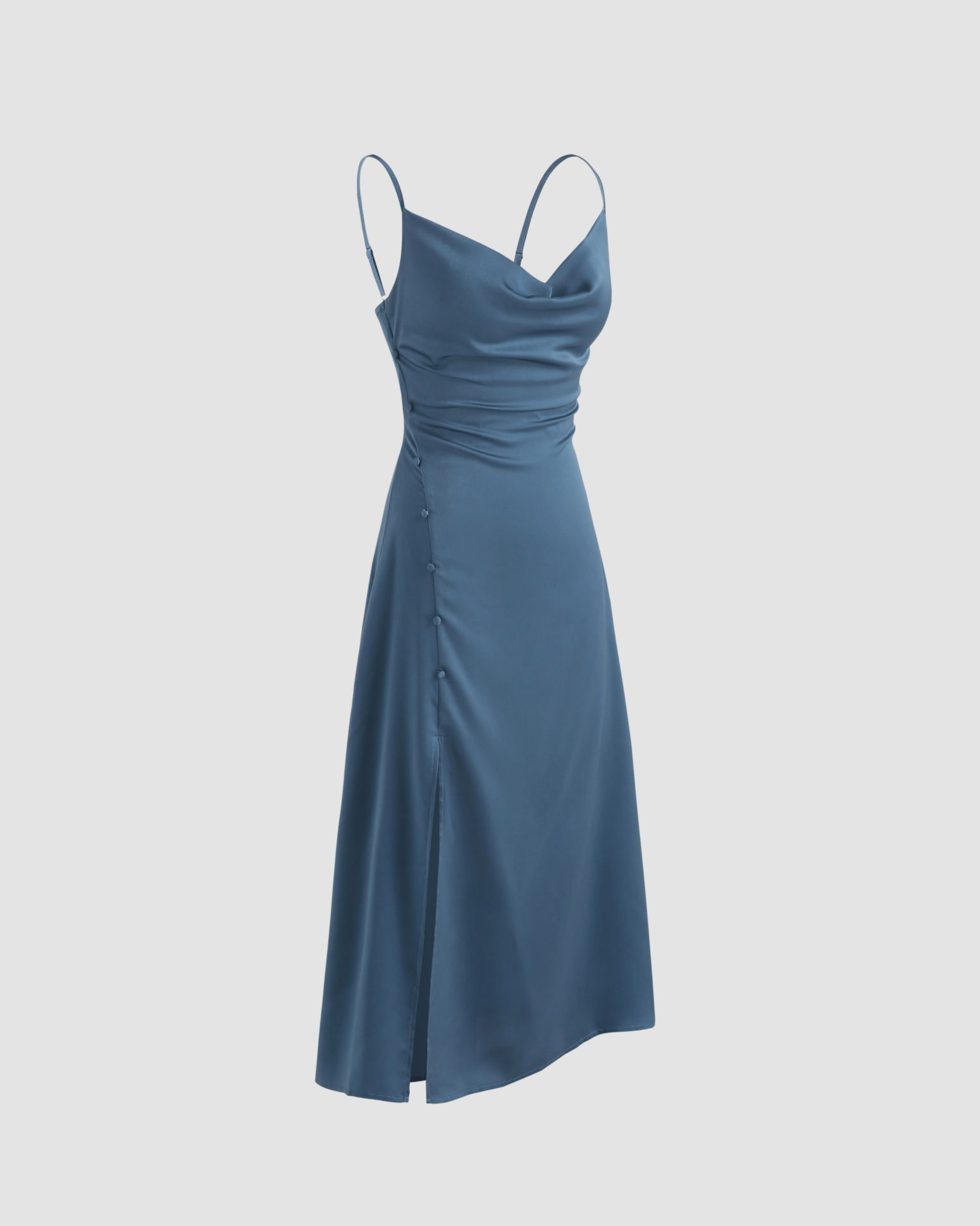 Solid Draped Cowl Neck Midi Dress with Slit Detail