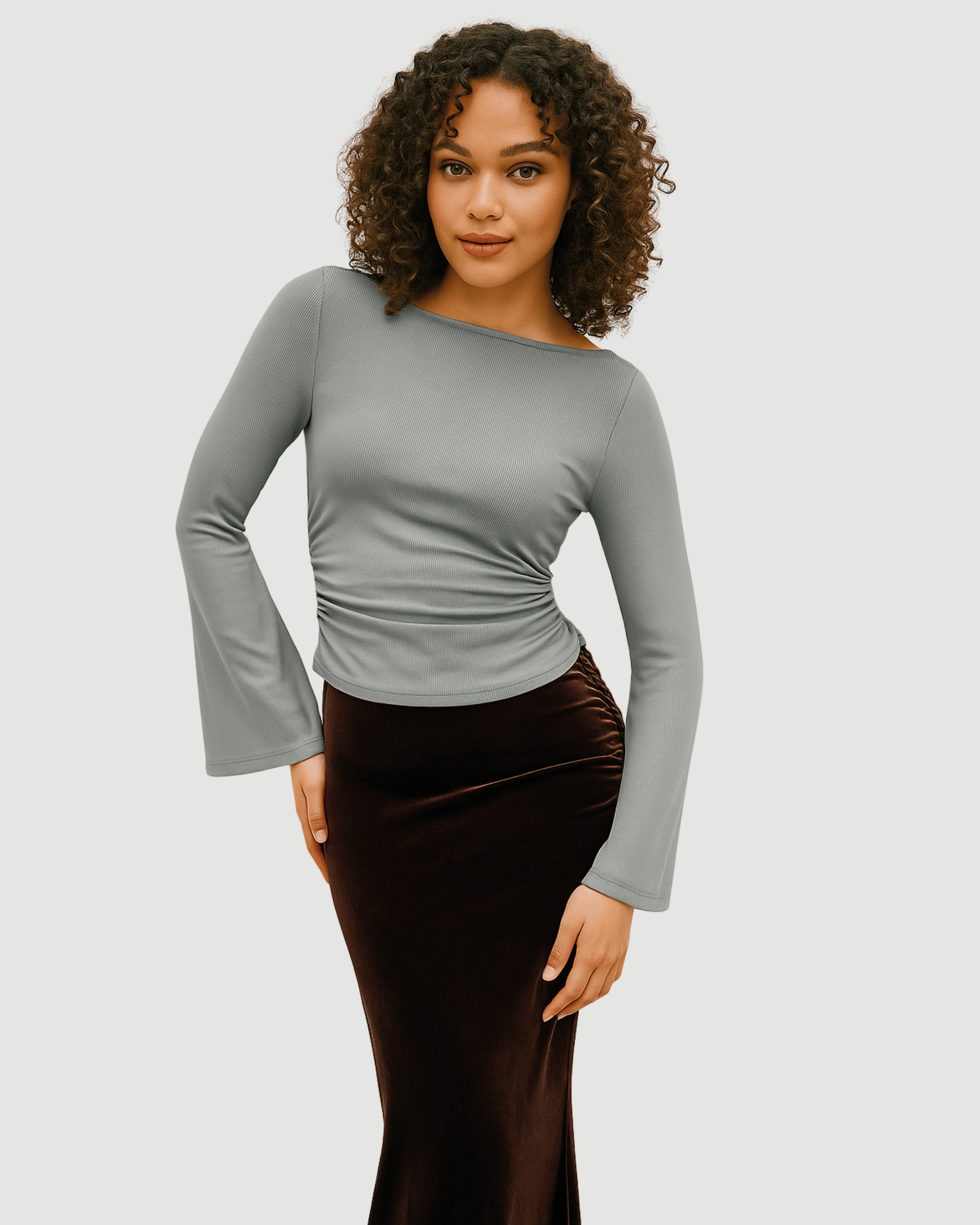 Grey Boat Neck with Flared Sleeves