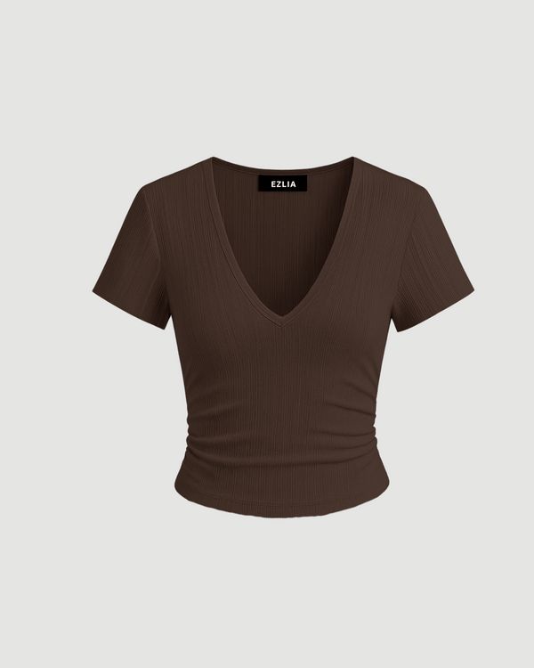 V-Neck Ruched Crop Top – Brown