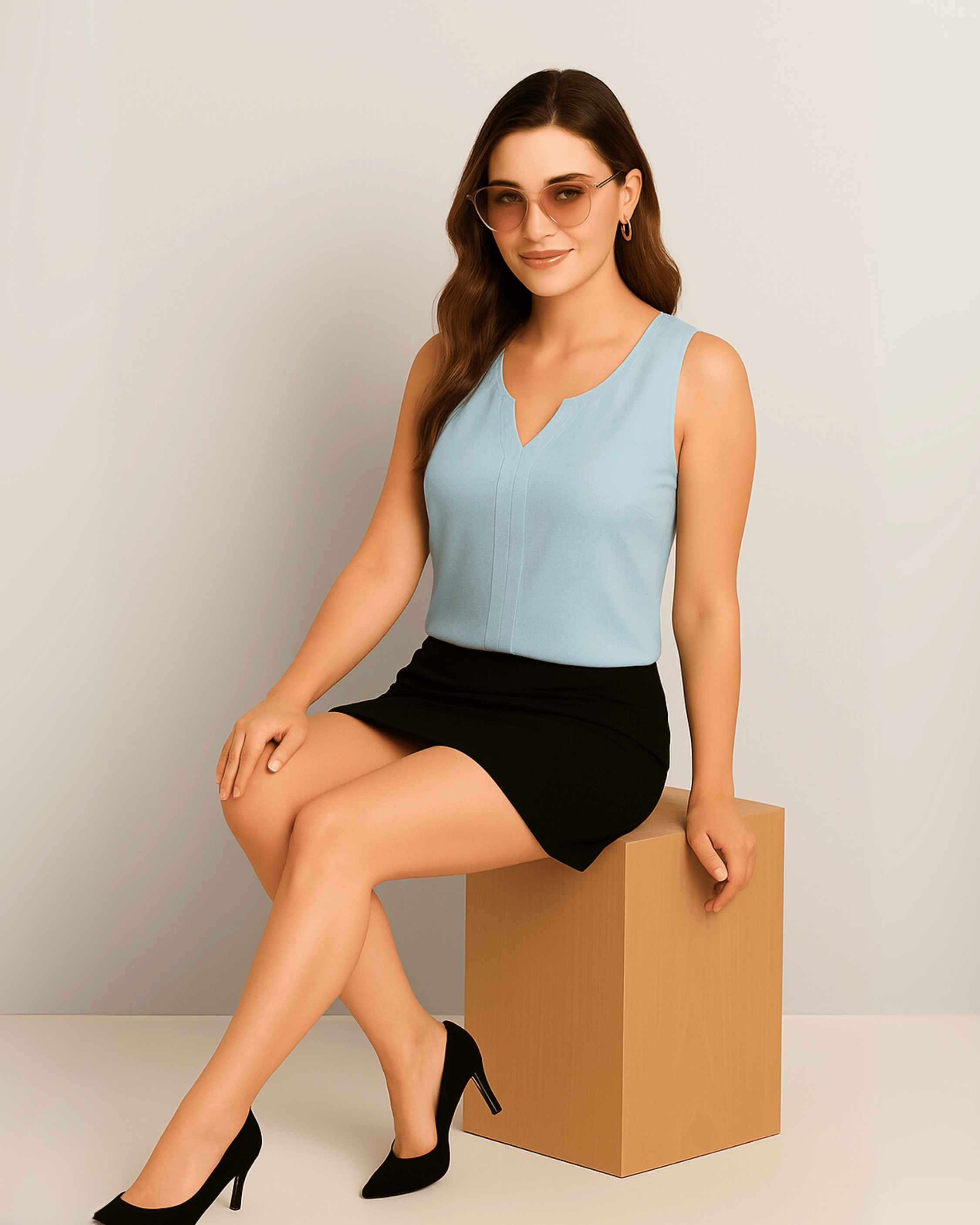Light Blue V-Neck Pleated Tank Top