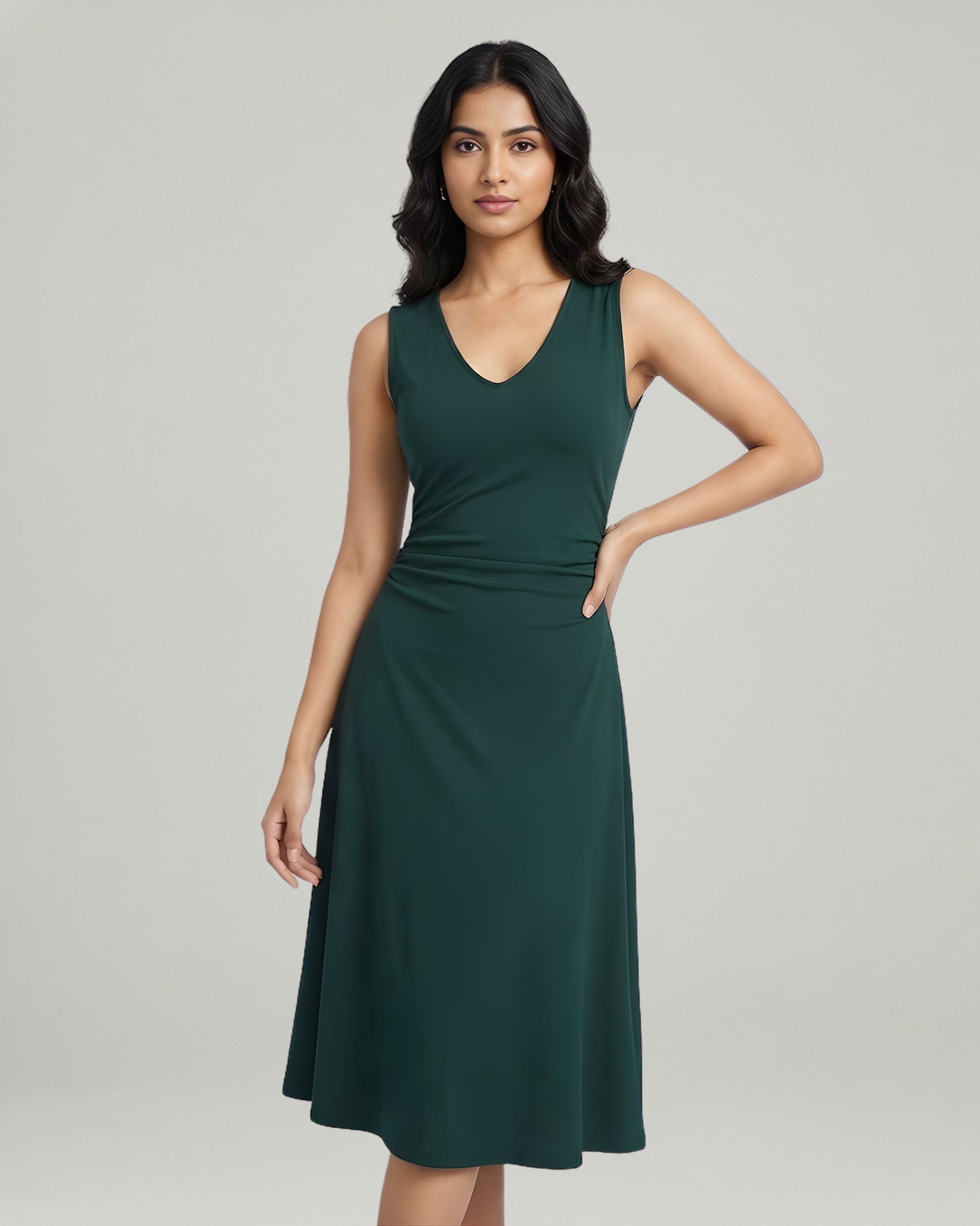 Elegant V-Neck Ruched Maxi Gown-Dark Green