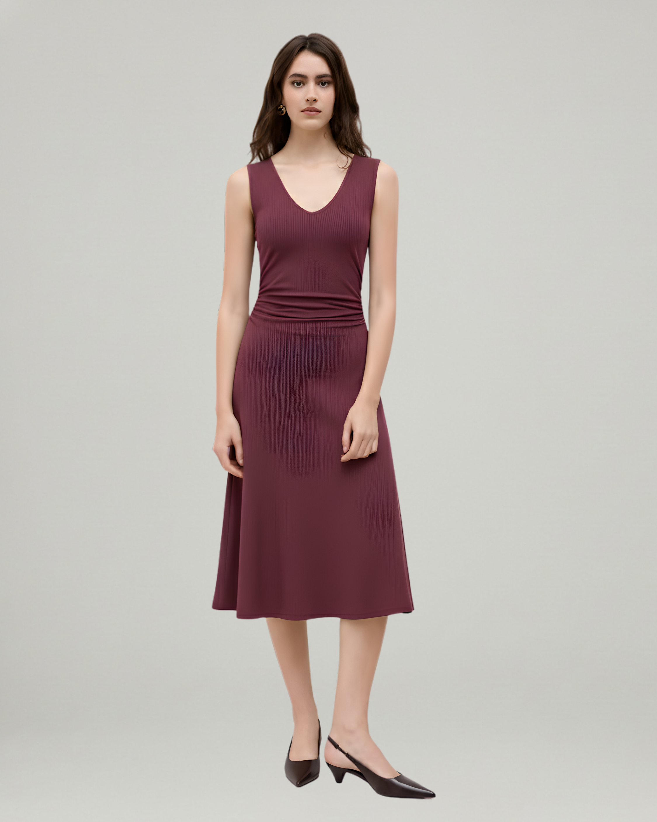 Elegant V-Neck Ruched Maxi Gown-Maroon