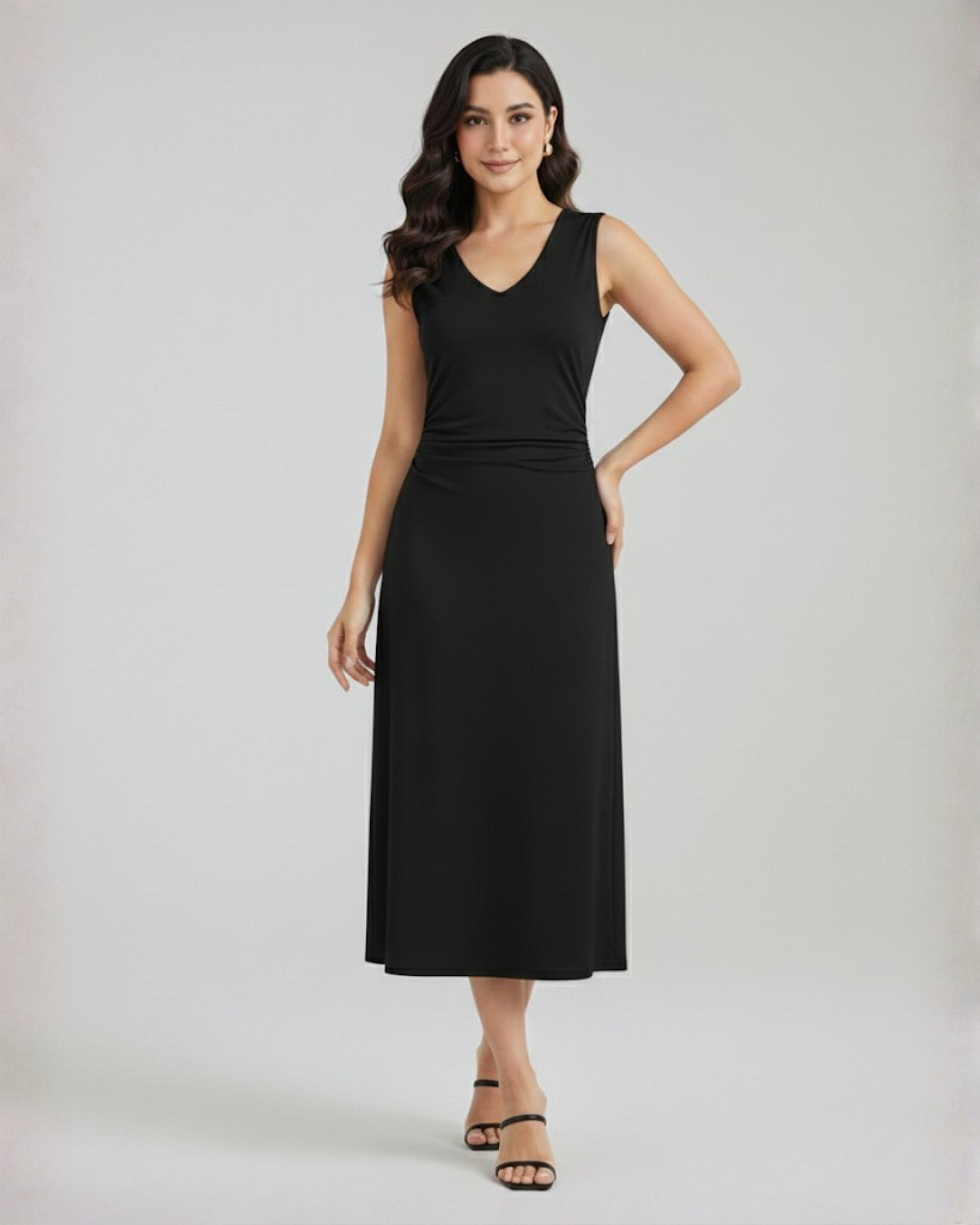 Elegant V-Neck Ruched Maxi Gown - Black