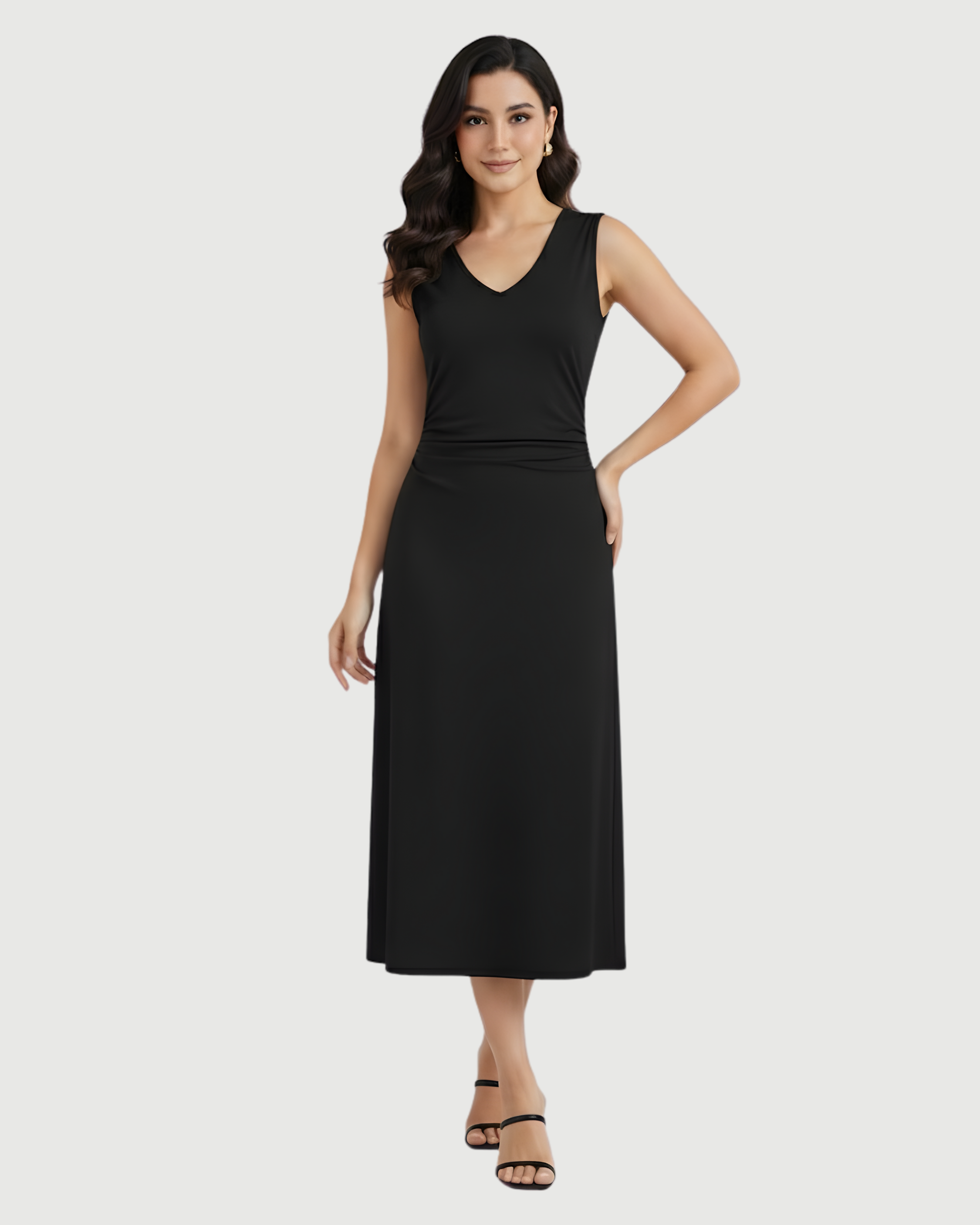 Elegant V-Neck Ruched Maxi Gown - Black