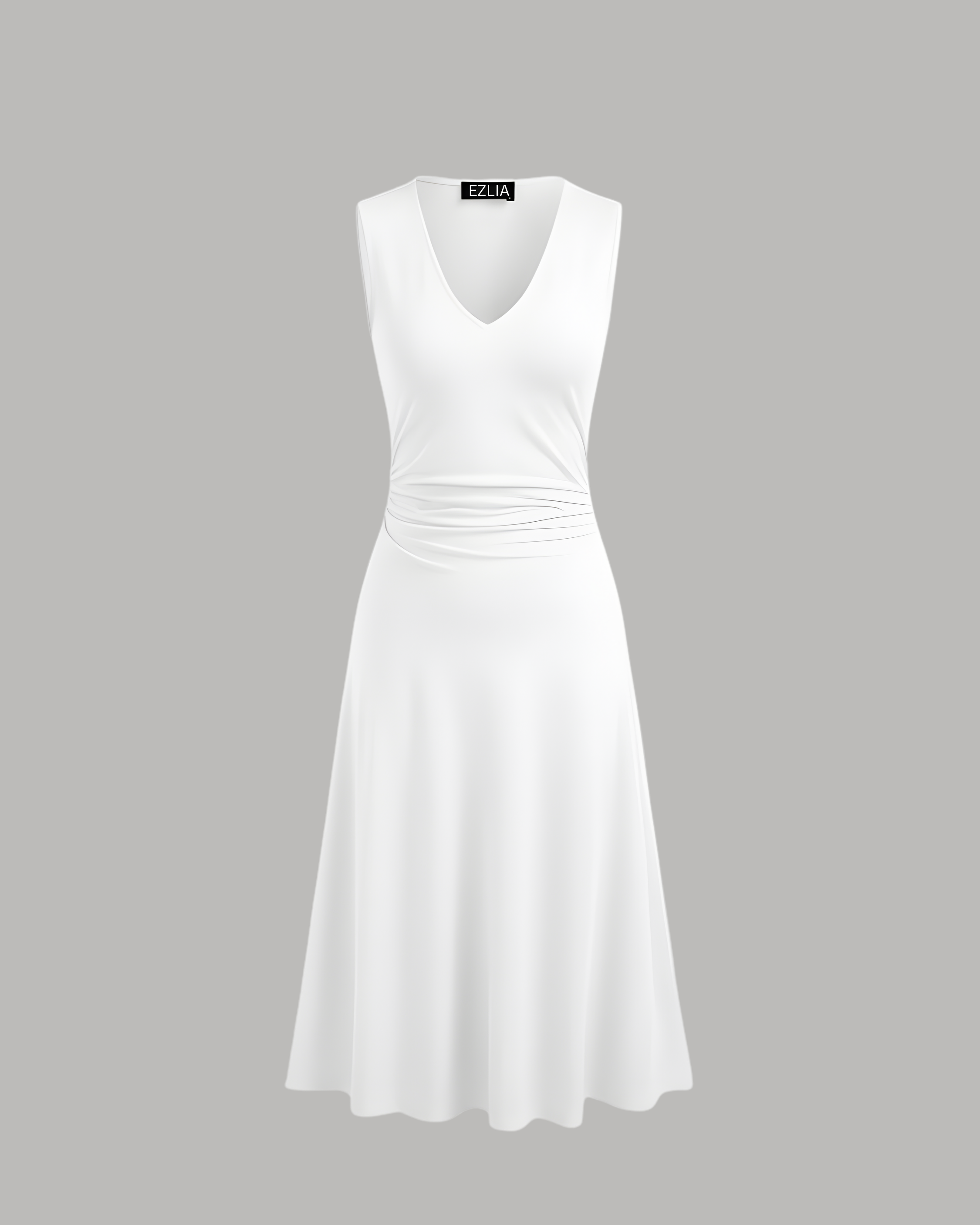 Elegant V-Neck Ruched Maxi Gown - White