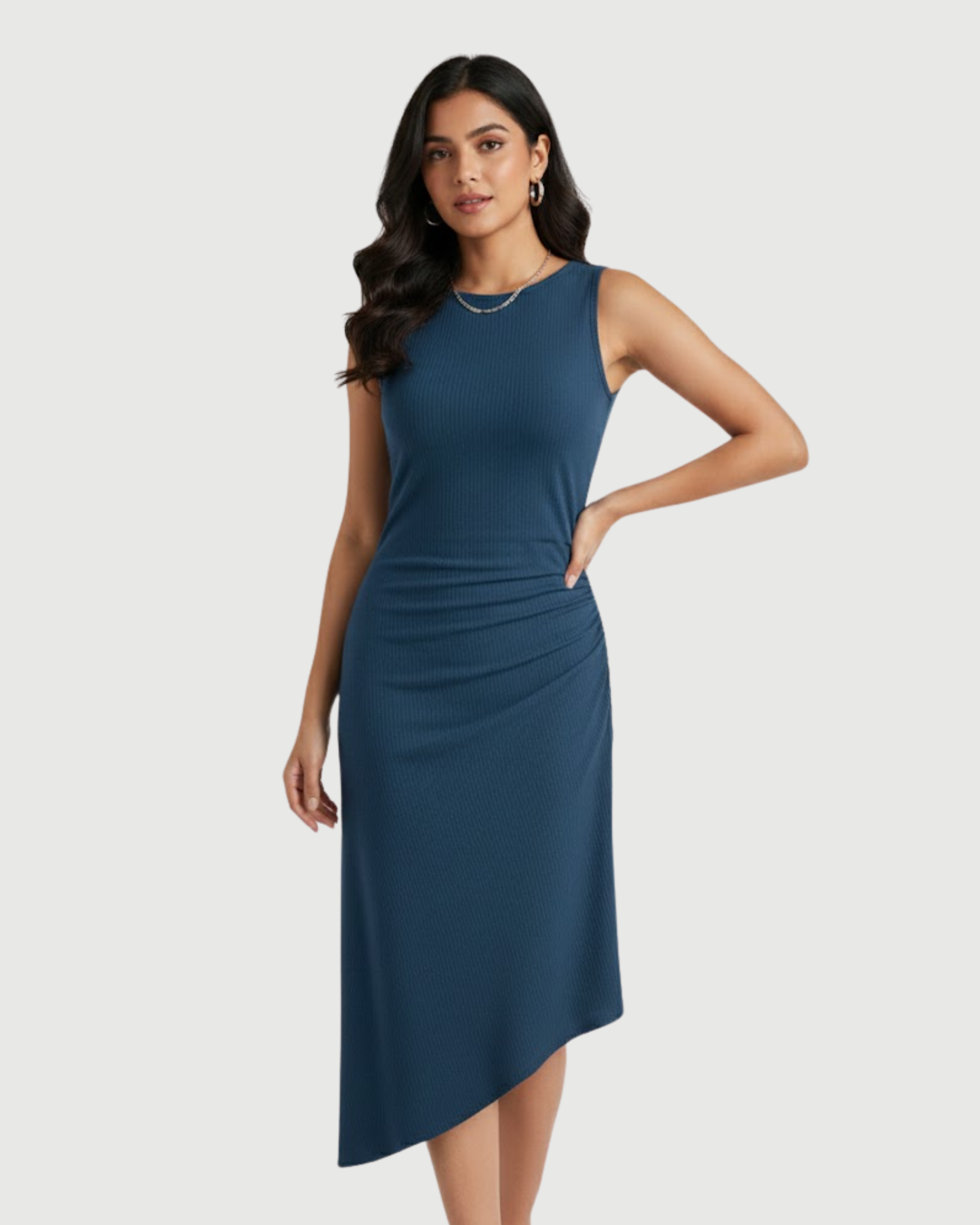 Asymmetric Boat-Neck Draped Midi Dress-Blue