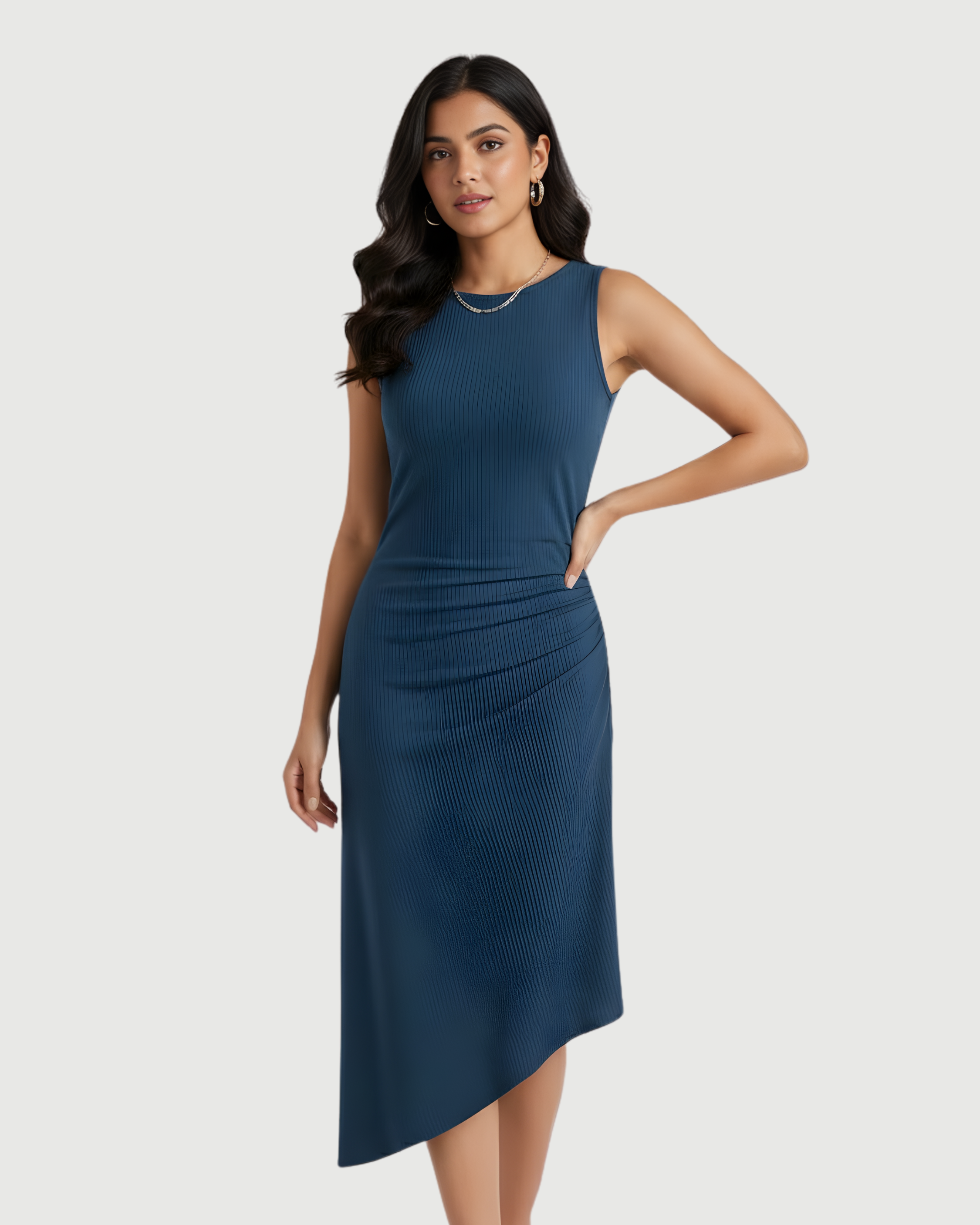 Asymmetric Boat-Neck Draped Midi Dress-Blue