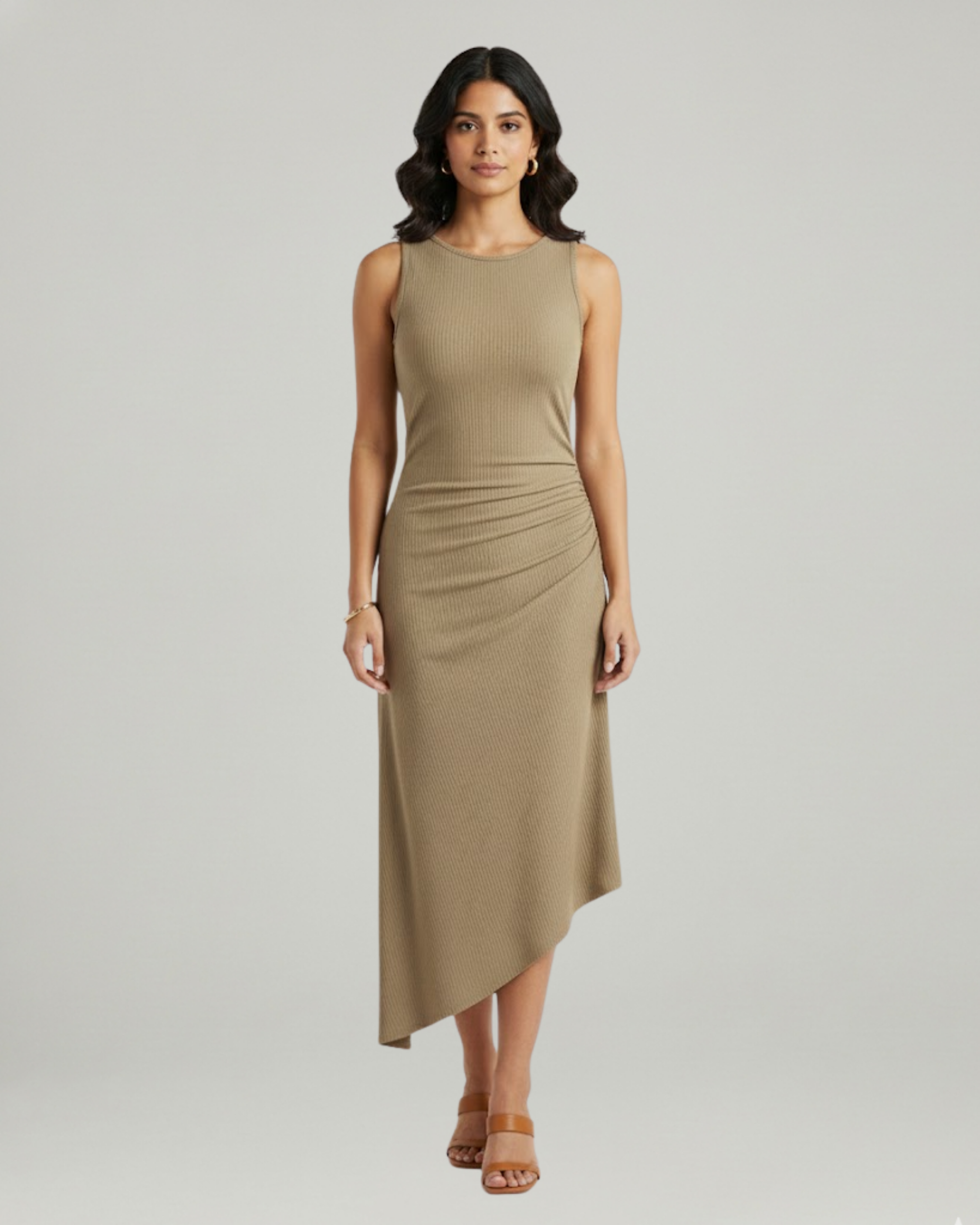 Asymmetric Boat-Neck Draped Midi Dress-Cream