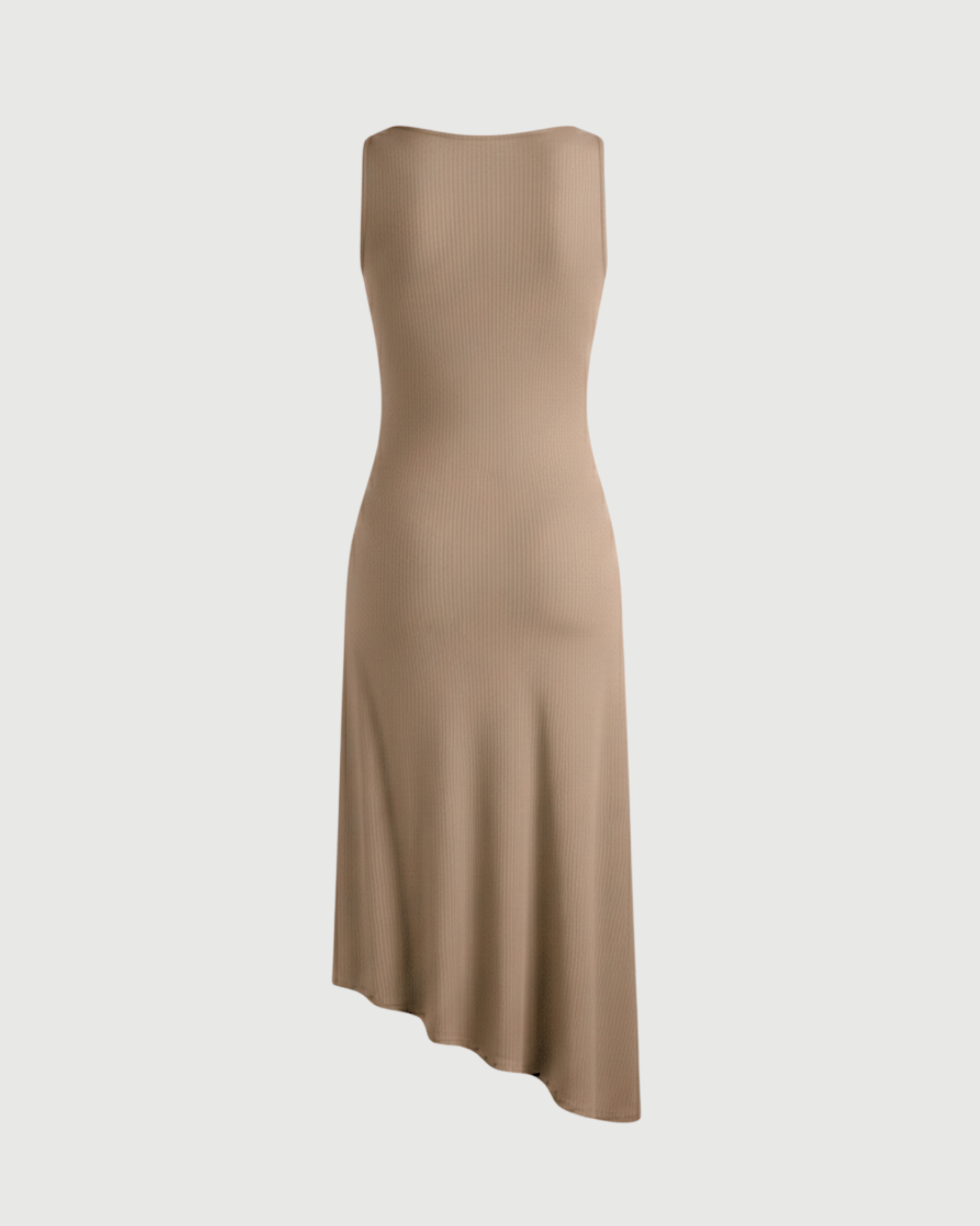 Asymmetric Boat-Neck Draped Midi Dress-Beige