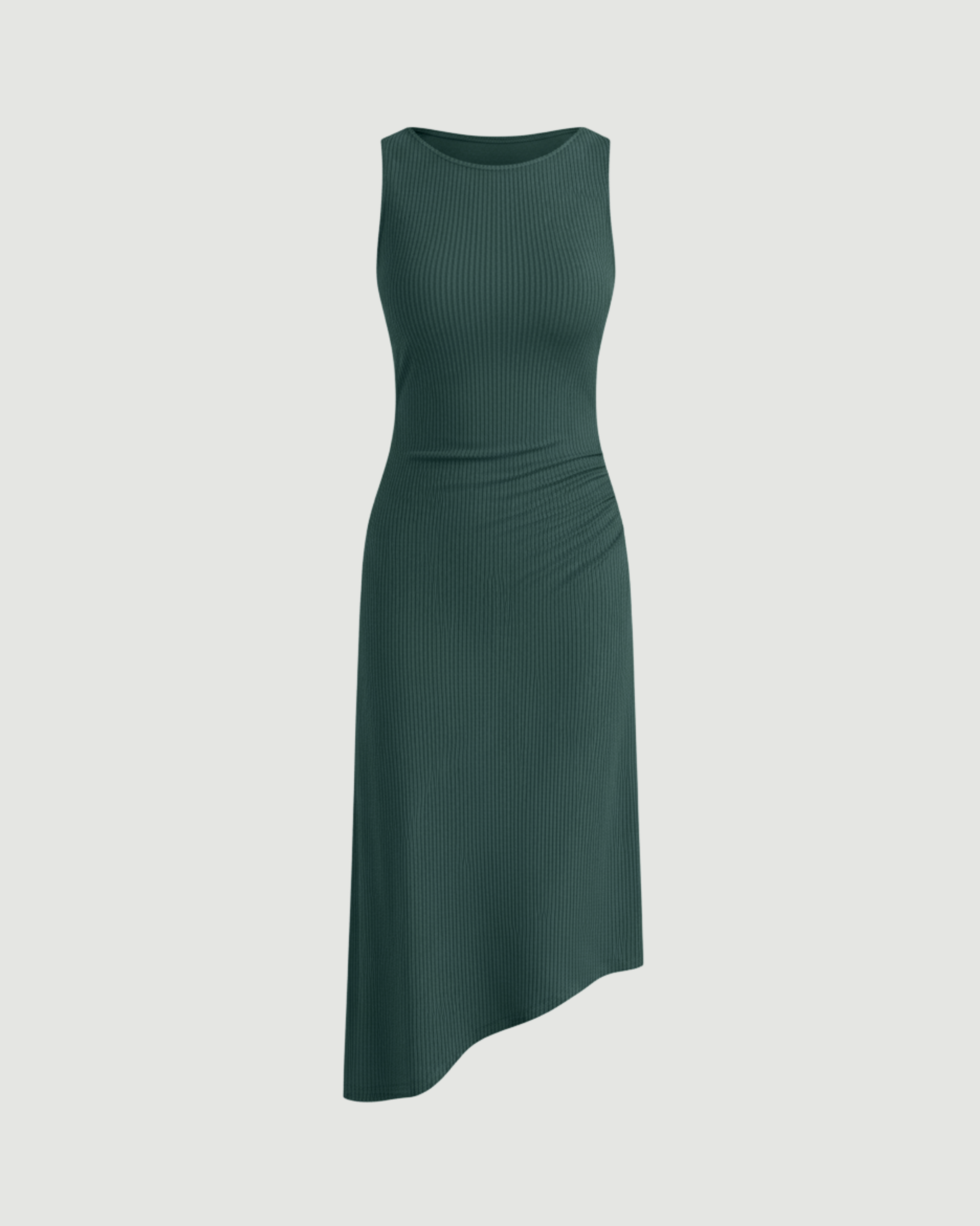 Asymmetric Boat-Neck Draped Midi Dress-Dark Green