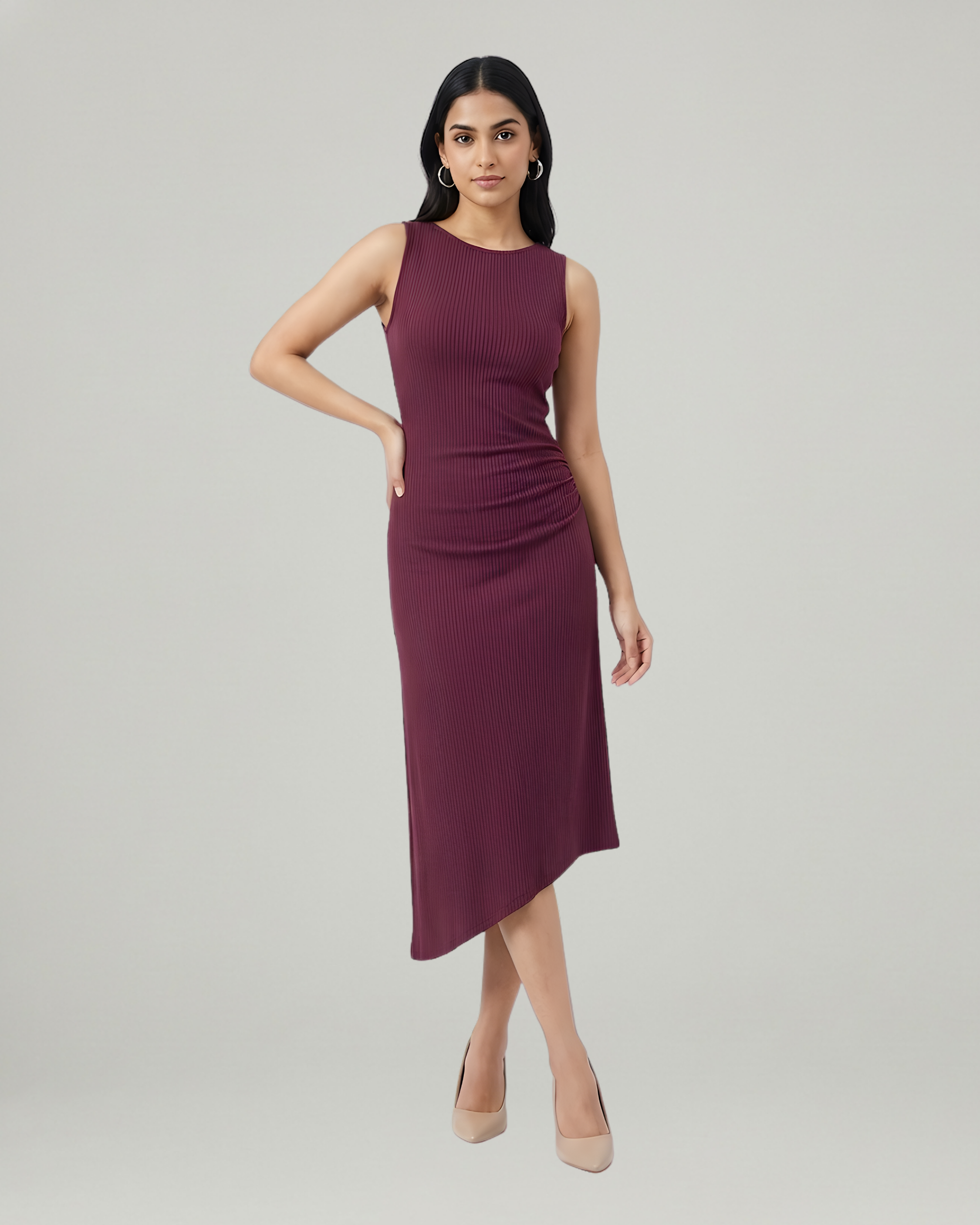 Asymmetric Boat-Neck Draped Midi Dress-Maroon