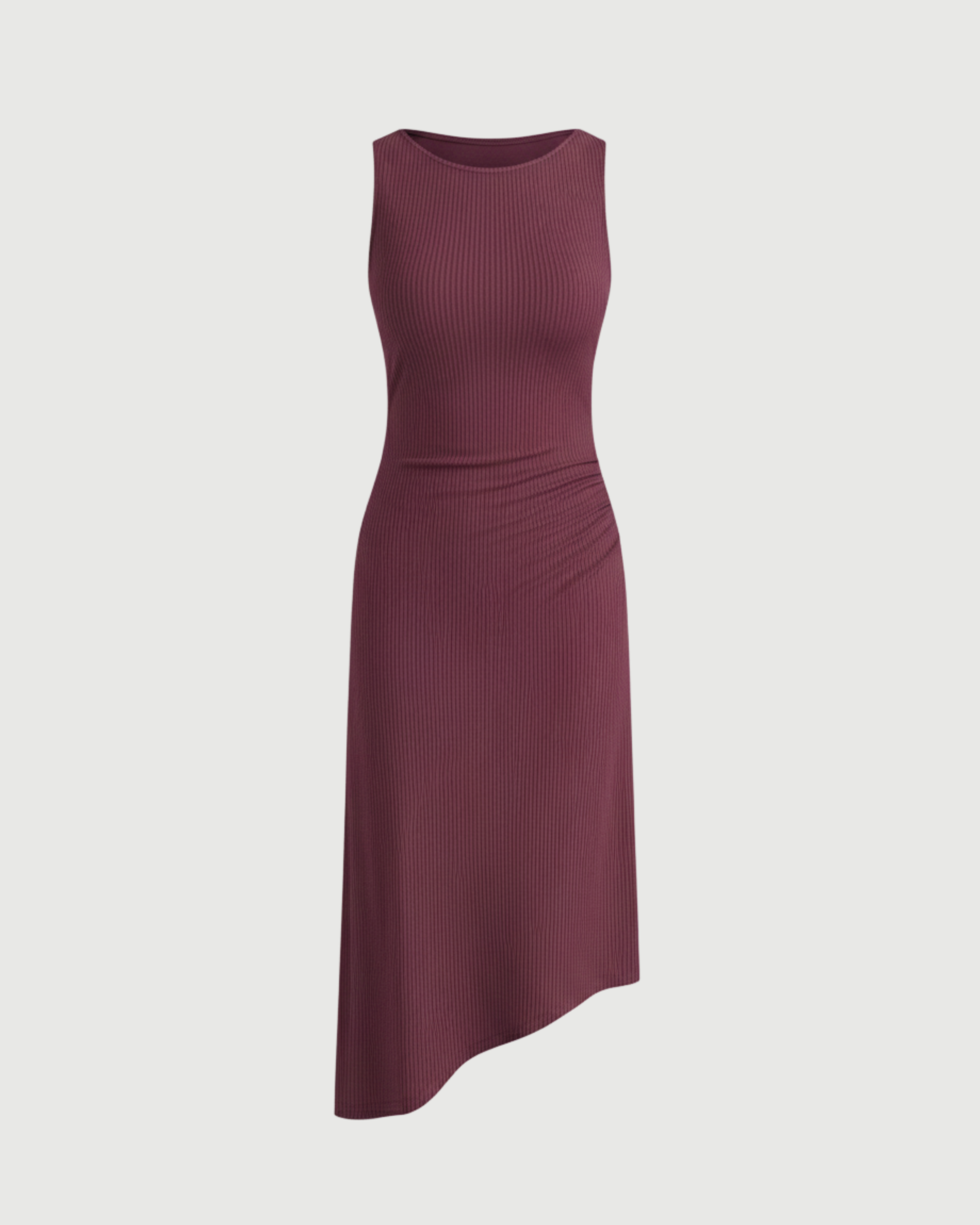 Asymmetric Boat-Neck Draped Midi Dress-Maroon