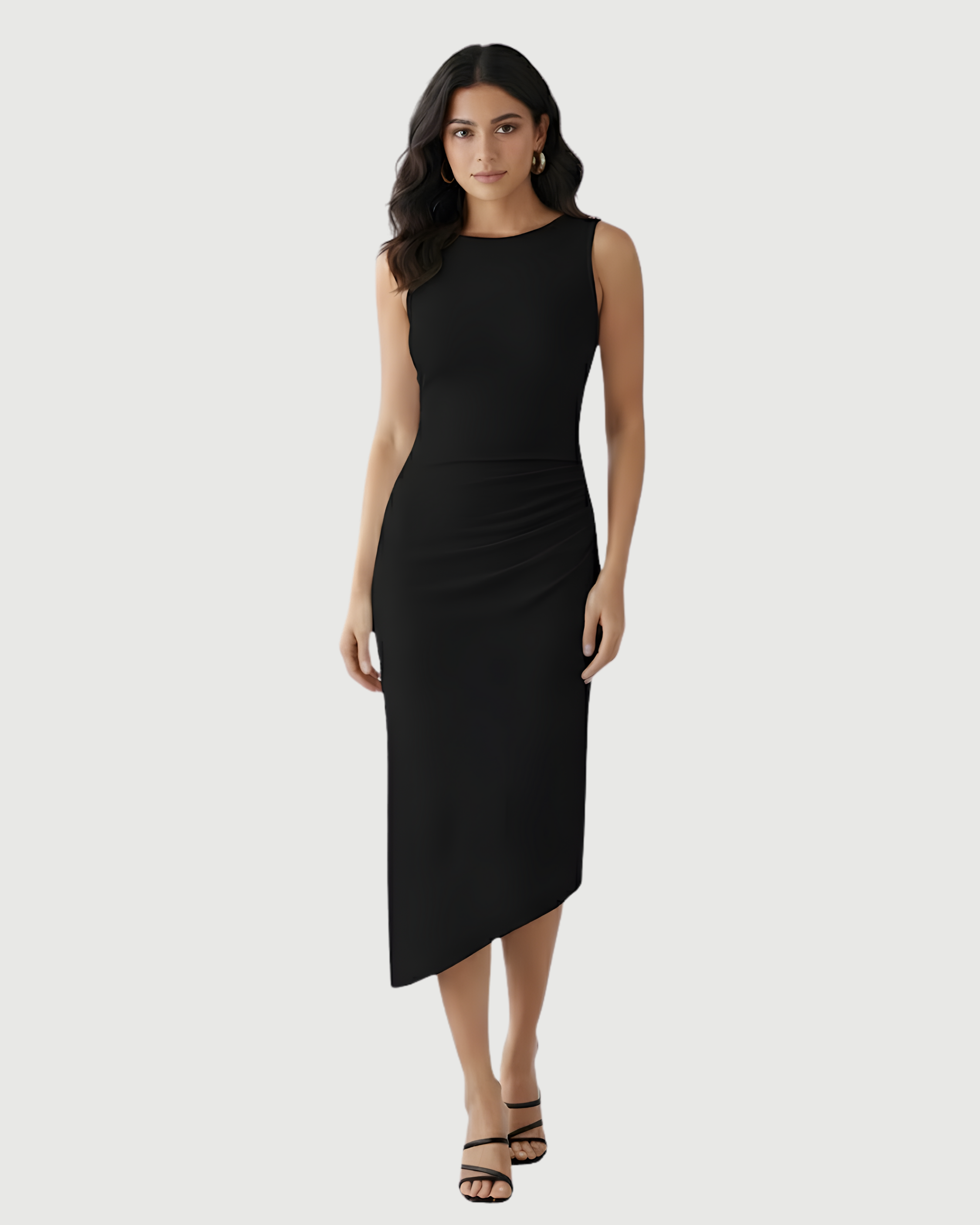 Asymmetric Boat-Neck Draped Midi Dress - Black