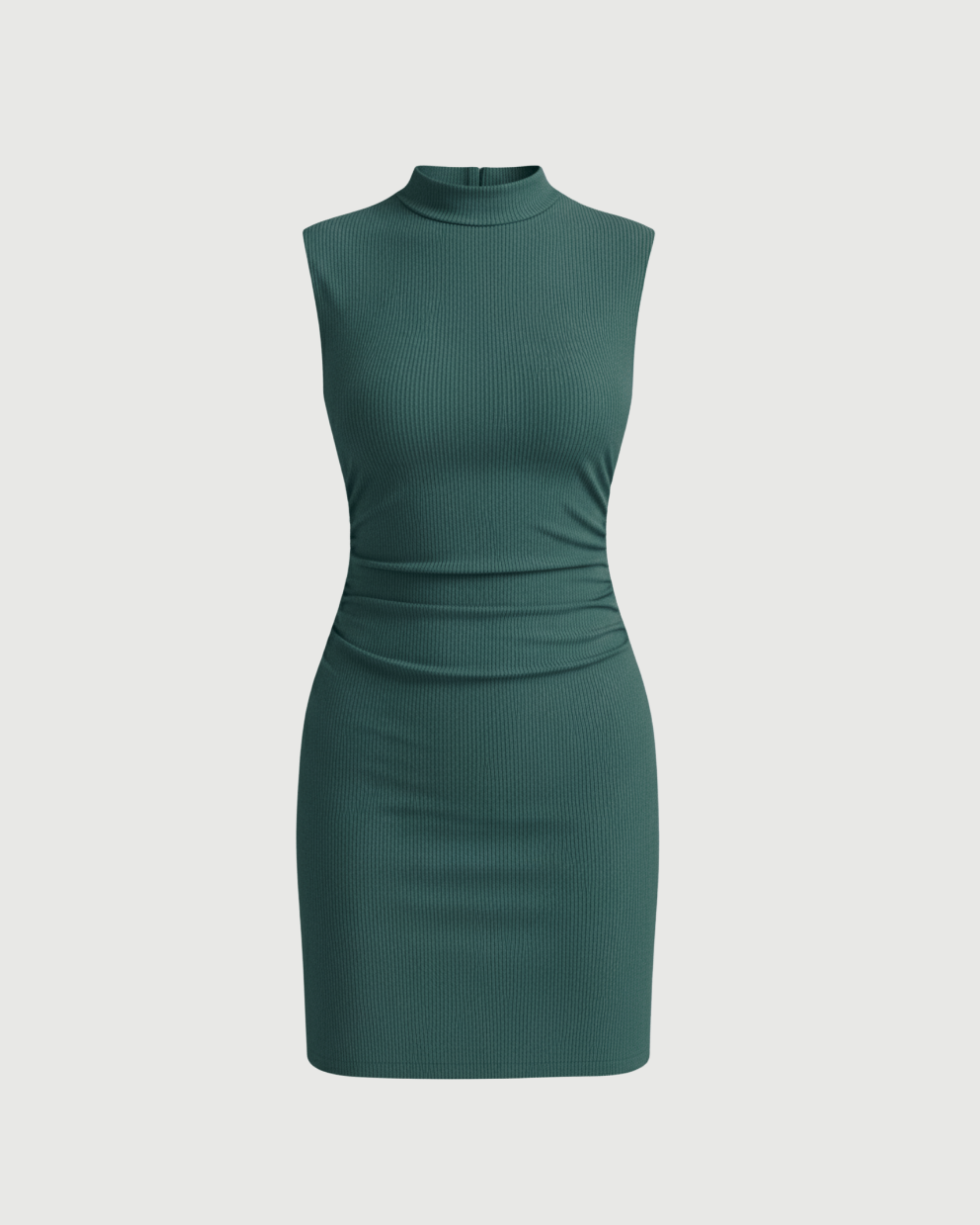 Chic Stand-Collar Gathered Mini Dress-Dark Green