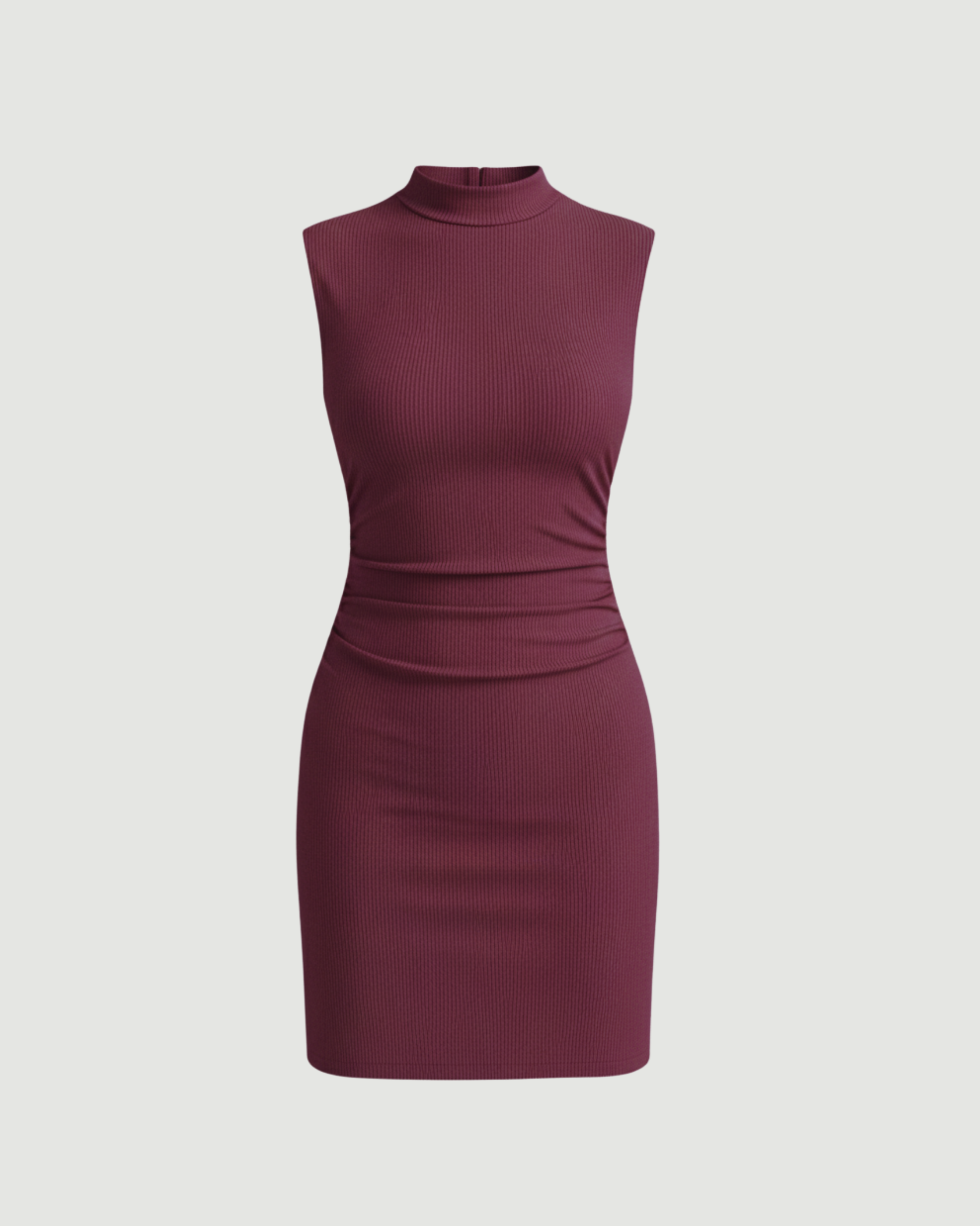 Chic Stand-Collar Gathered Mini Dress-Maroon