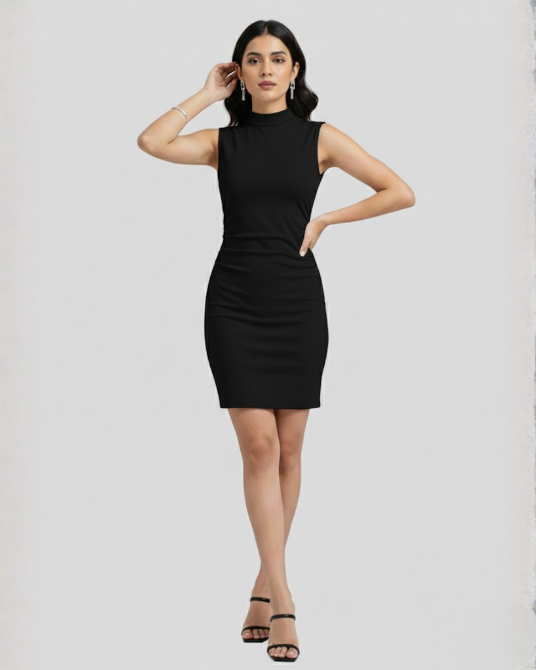 Chic Stand-Collar Gathered Mini Dress - Black
