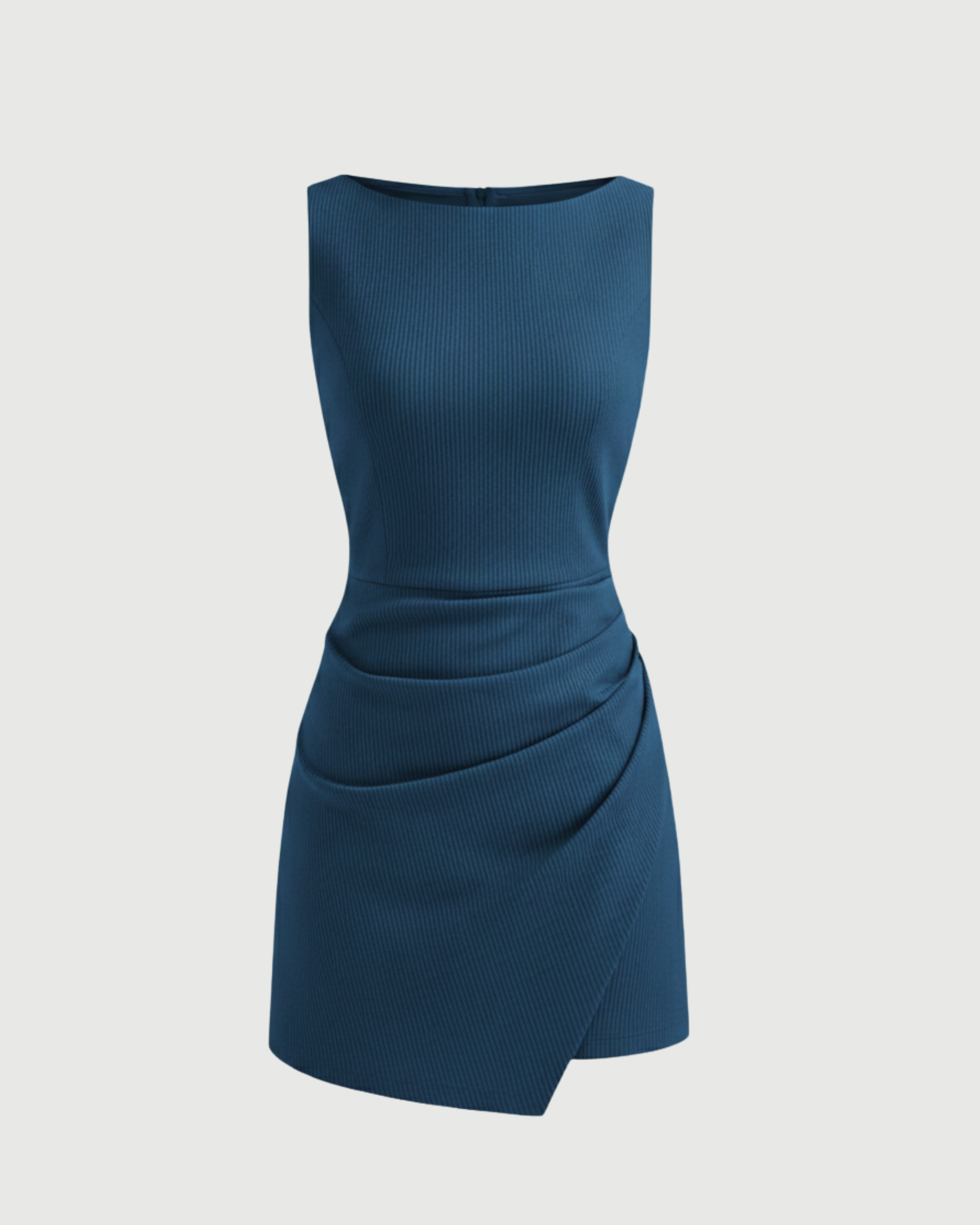 Linen-Blend Boat-Neck Draped Mini Dress-Blue