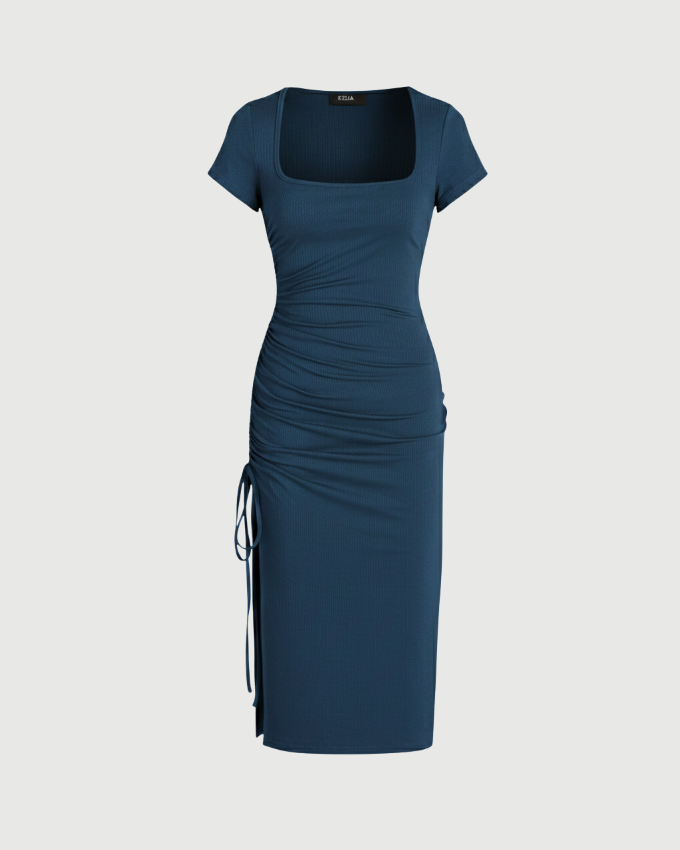 Square-Neck Knotted Slit Midi Dress-Blue