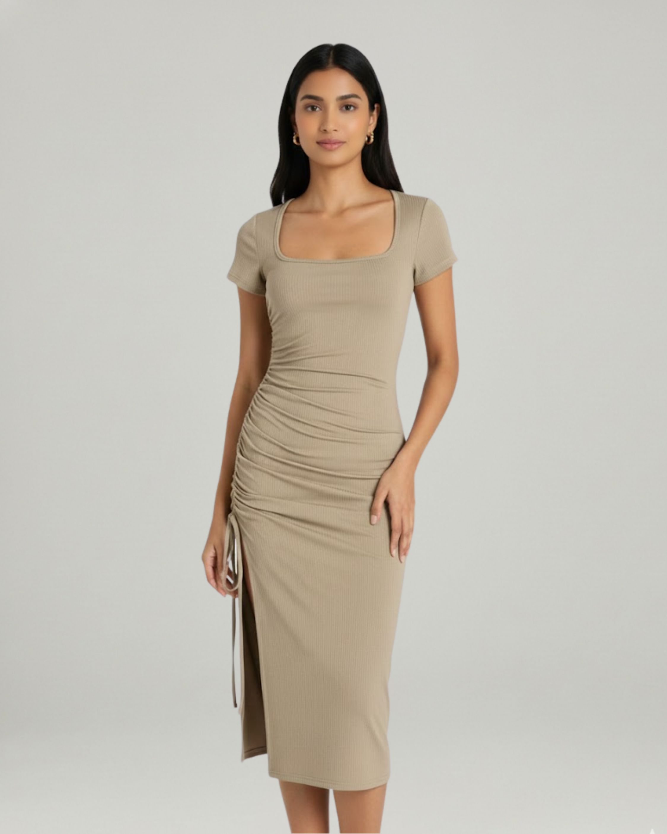 Square-Neck Knotted Slit Midi Dress-Cream