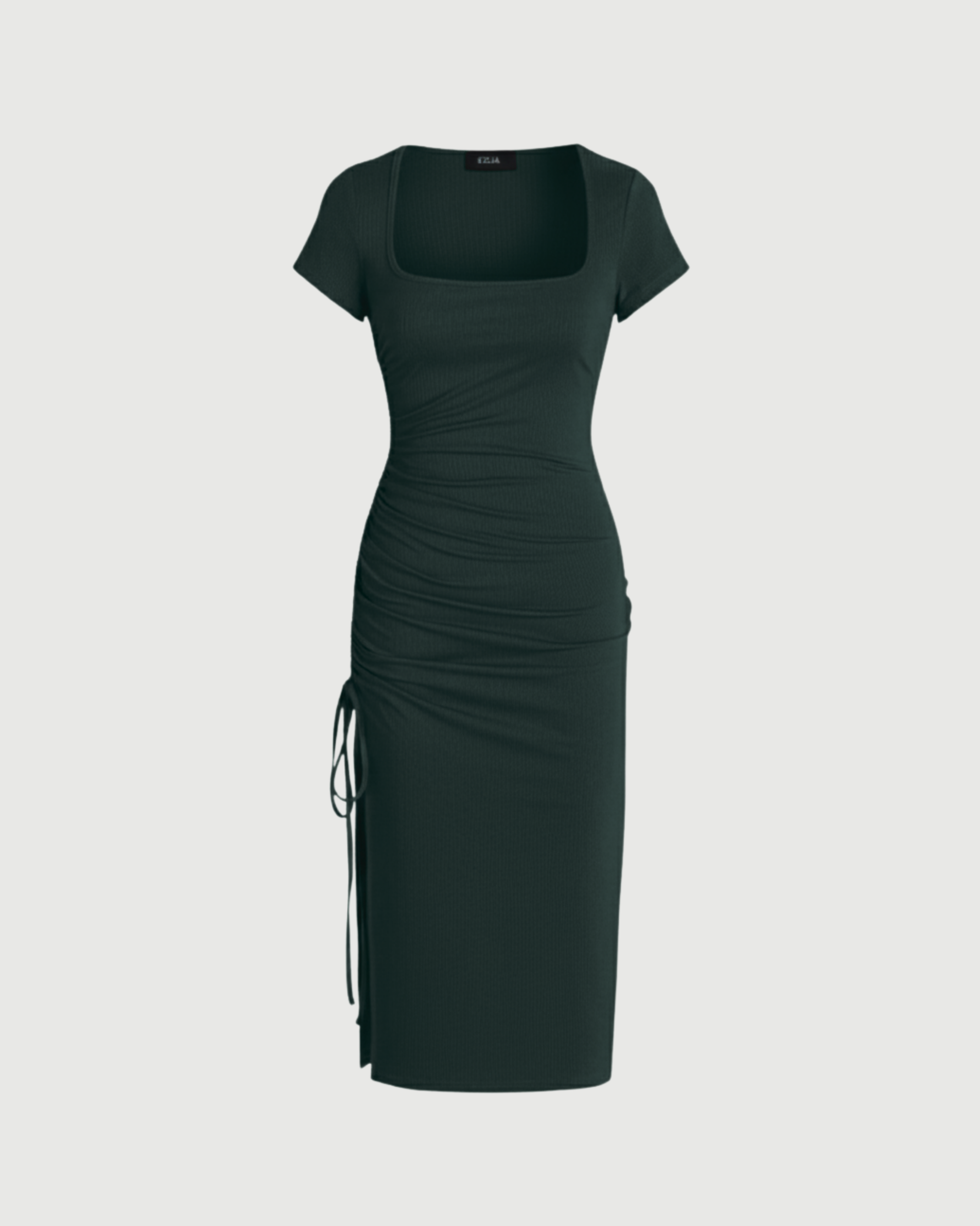 Square-Neck Knotted Slit Midi Dress-Dark Green