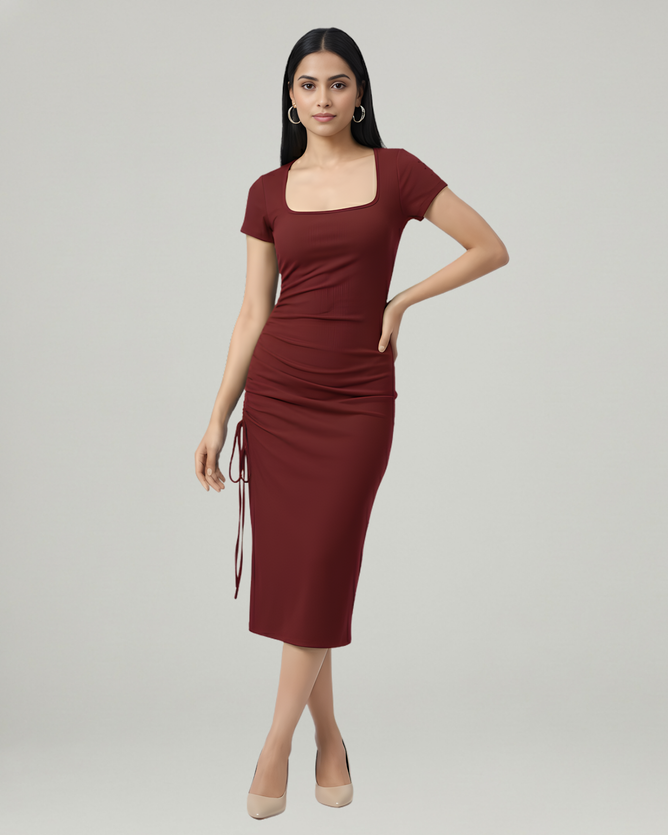 Square-Neck Knotted Slit Midi Dress-Maroon