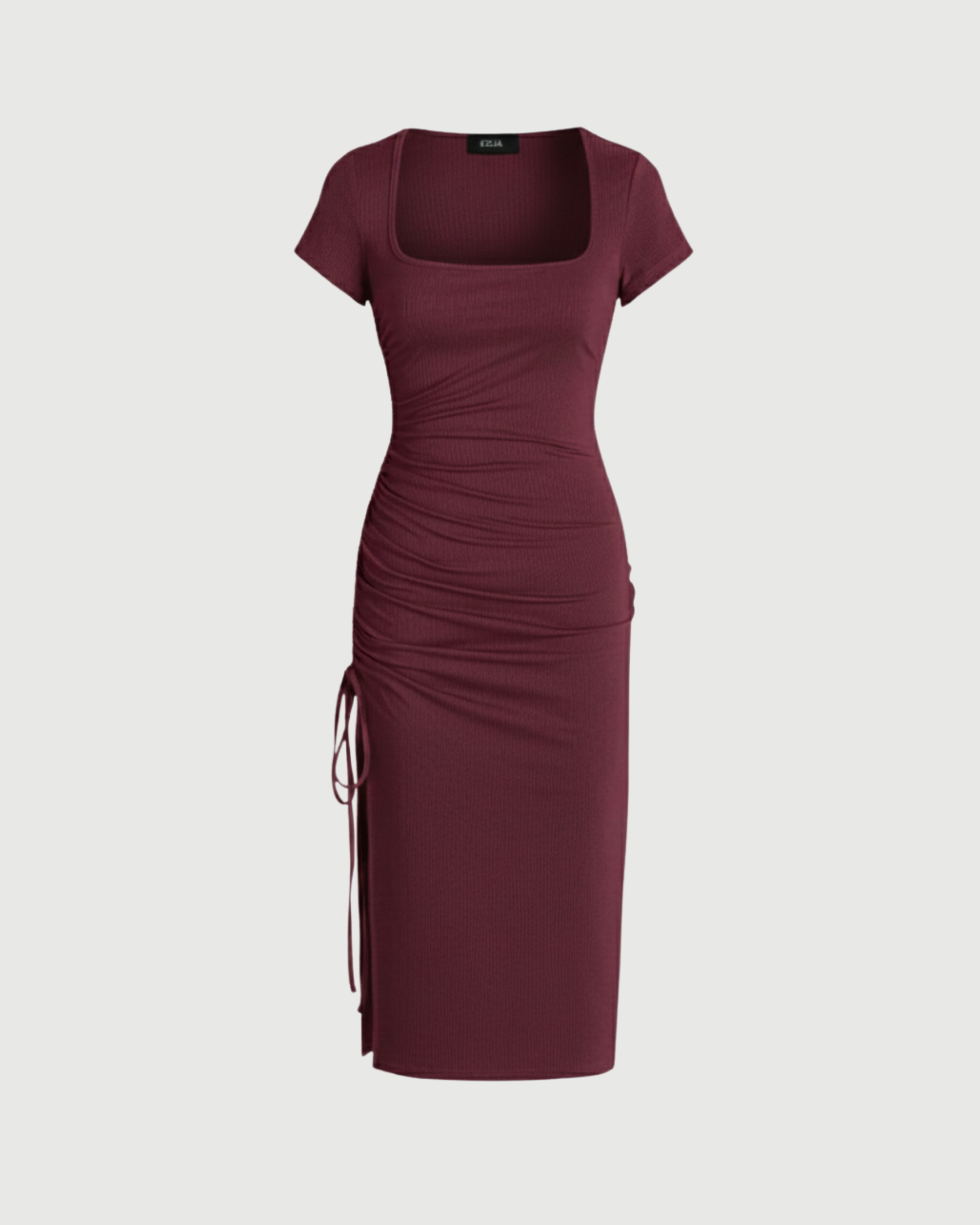 Square-Neck Knotted Slit Midi Dress-Maroon
