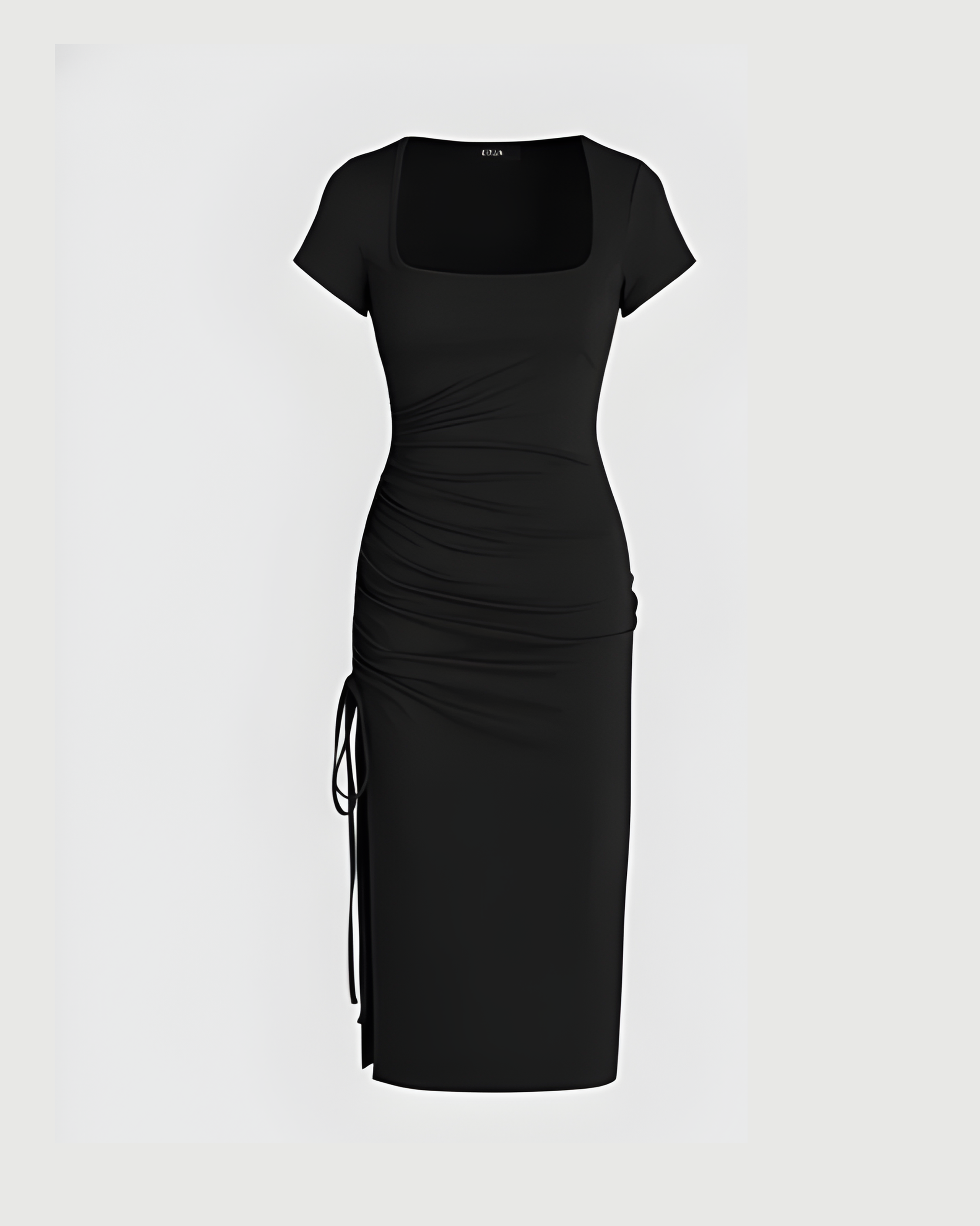 Square-Neck Knotted Slit Midi Dress - Black