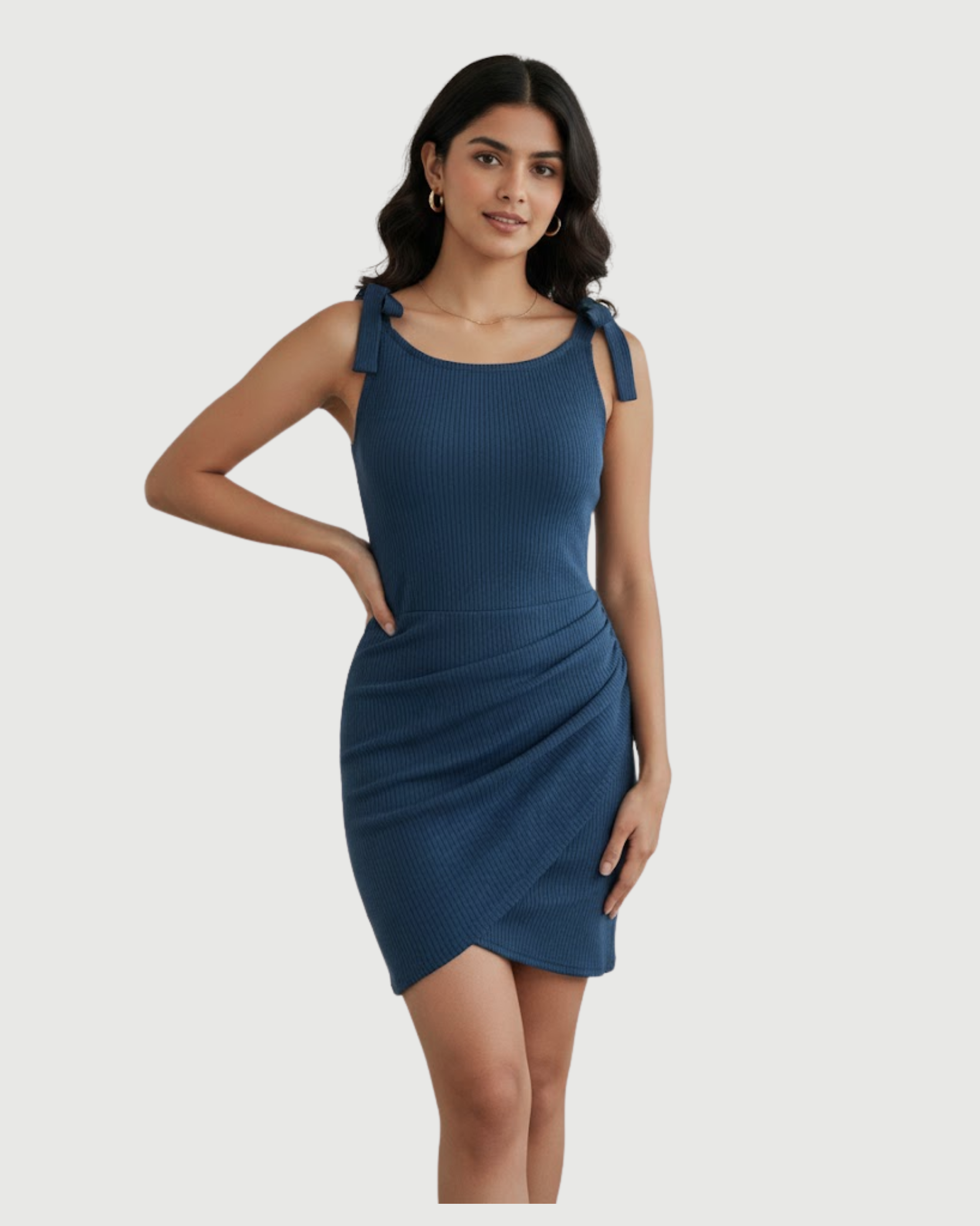 Soft Jersey Boat-Neck Wrap-Tie Mini Dress-Blue