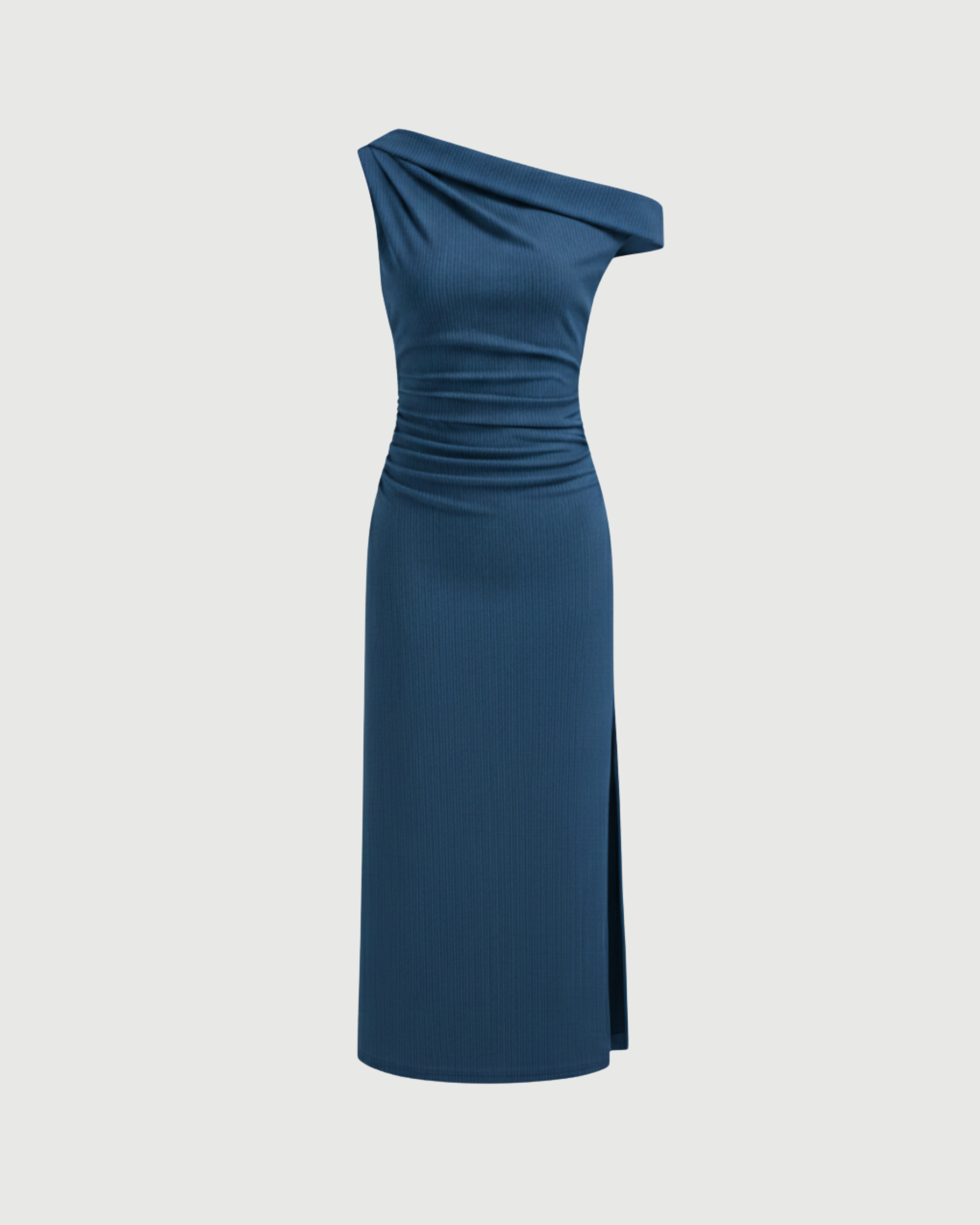 Asymmetrical Neck Ruched Slit Maxi Dress-Blue