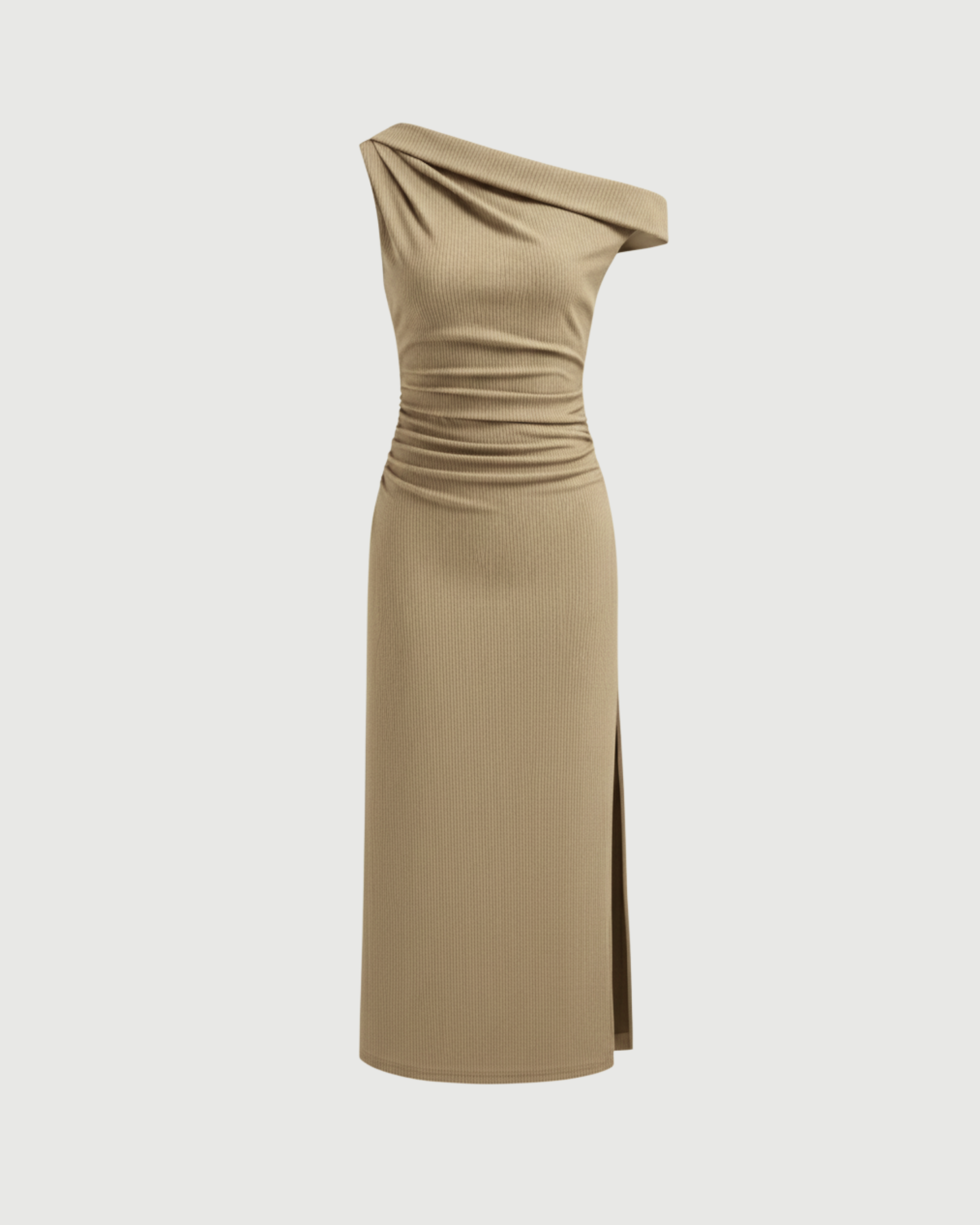 Asymmetrical Neck Ruched Slit Maxi Dress-Cream