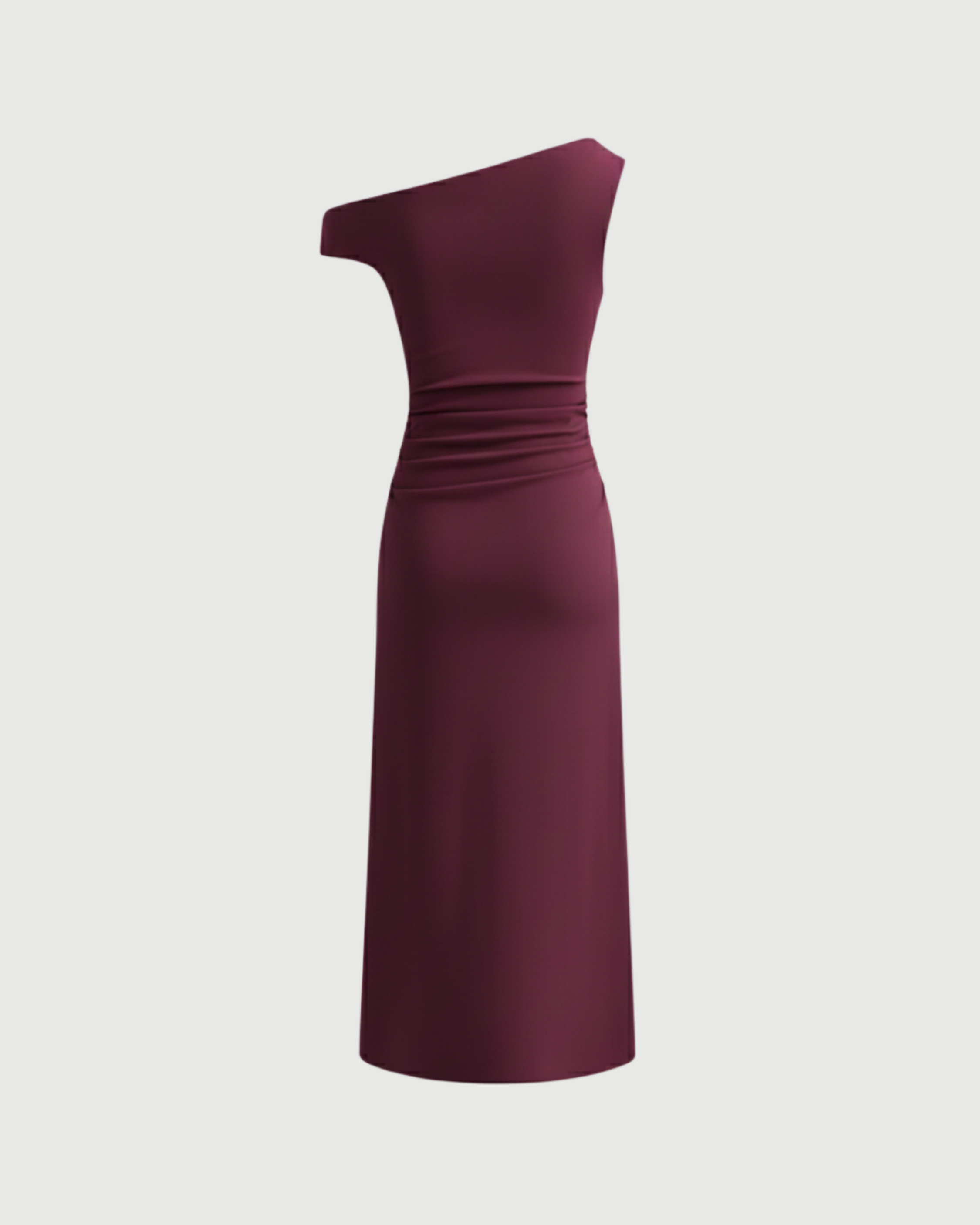 Asymmetrical Neck Ruched Slit Maxi Dress-Maroon