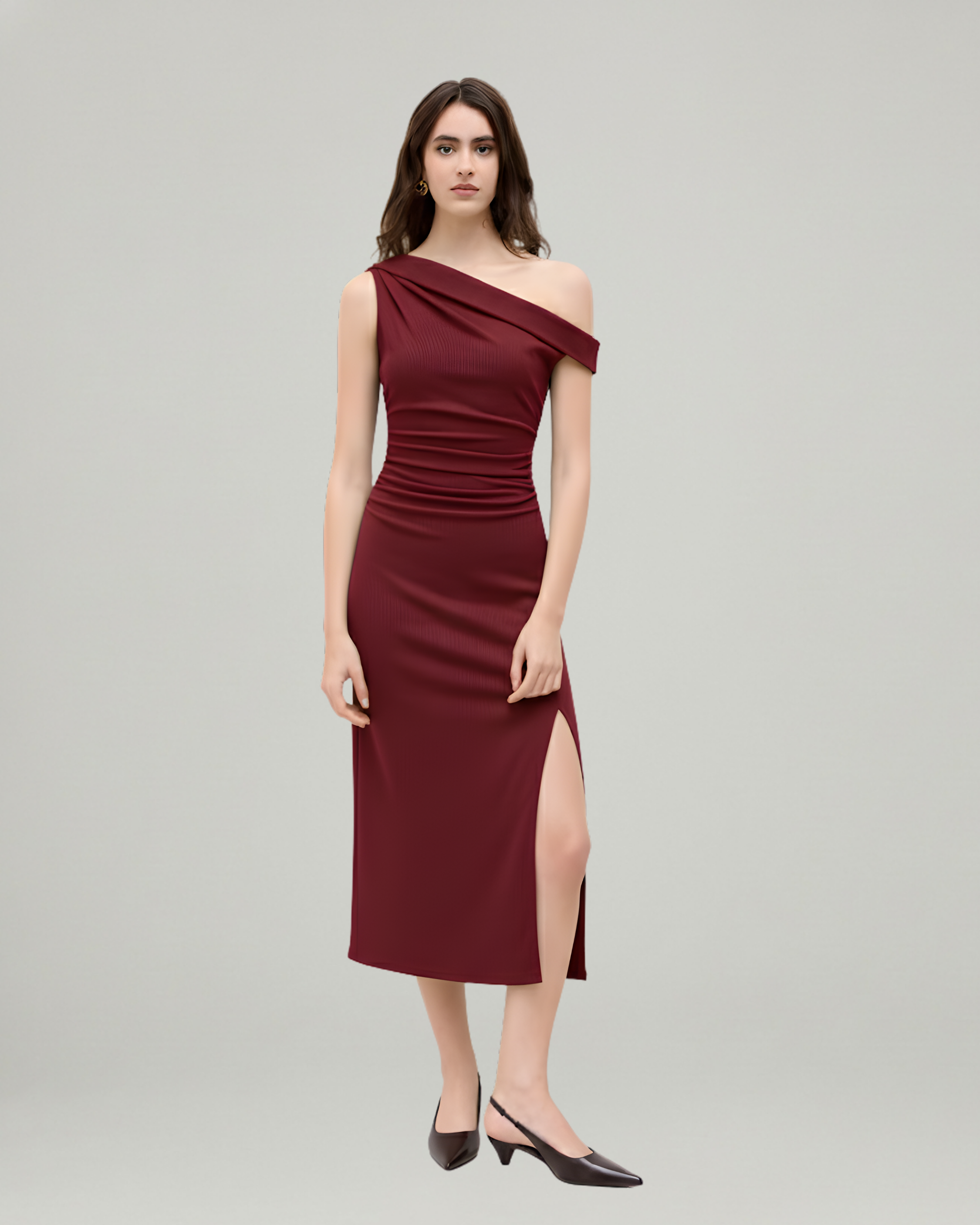Asymmetrical Neck Ruched Slit Maxi Dress-Maroon
