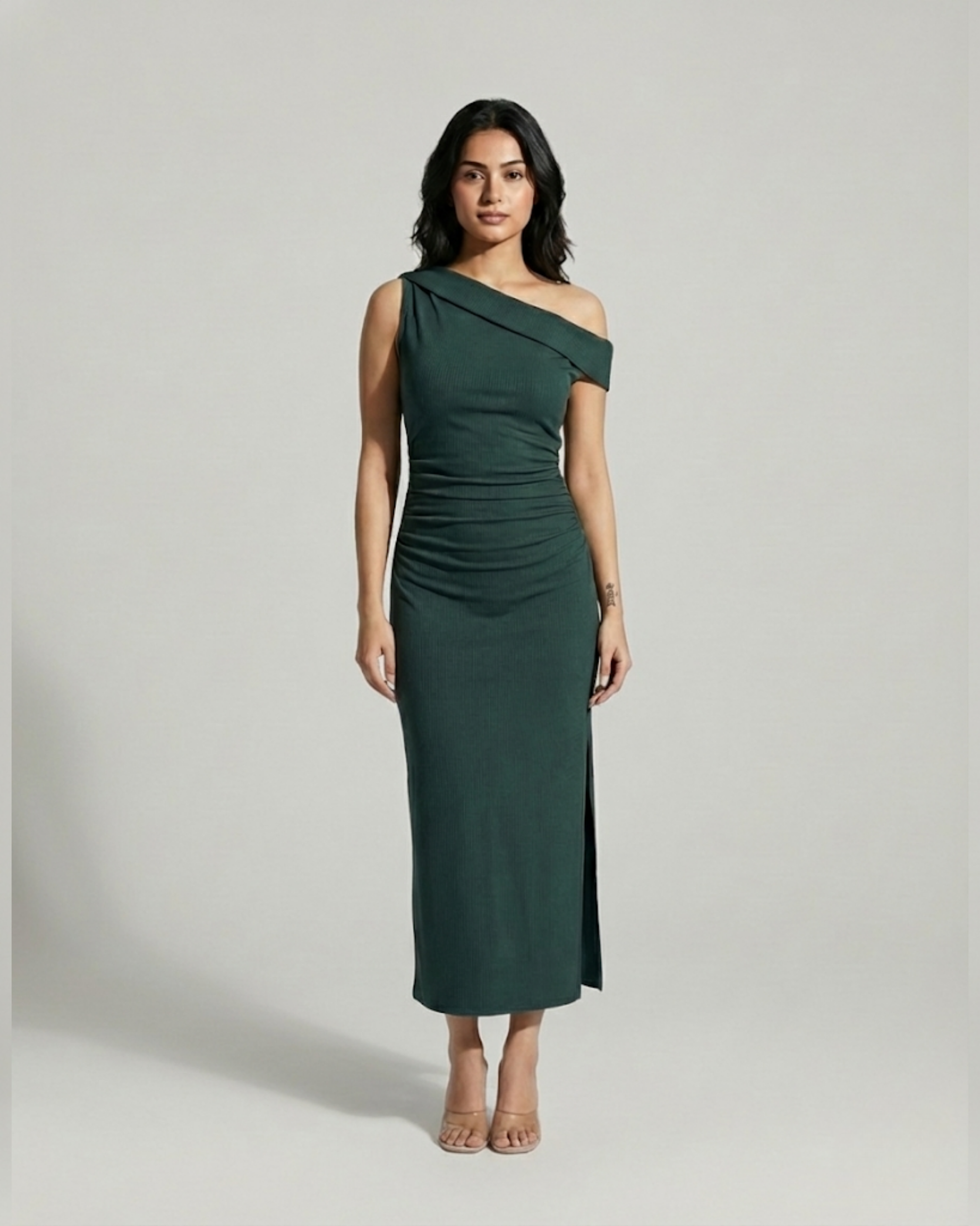 Asymmetrical Neck Ruched Slit Maxi Dress-Dark Green