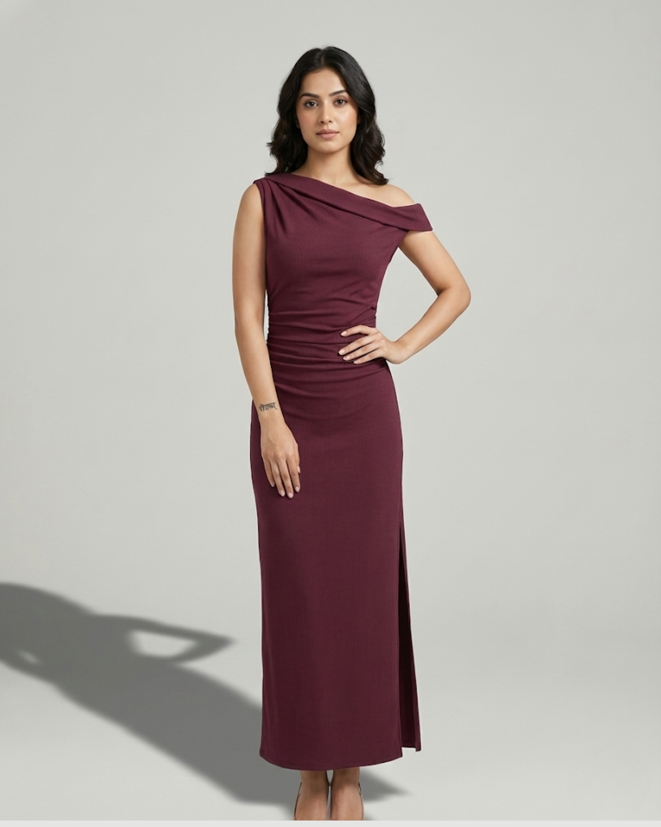 Asymmetrical Neck Ruched Slit Maxi Dress-Maroon