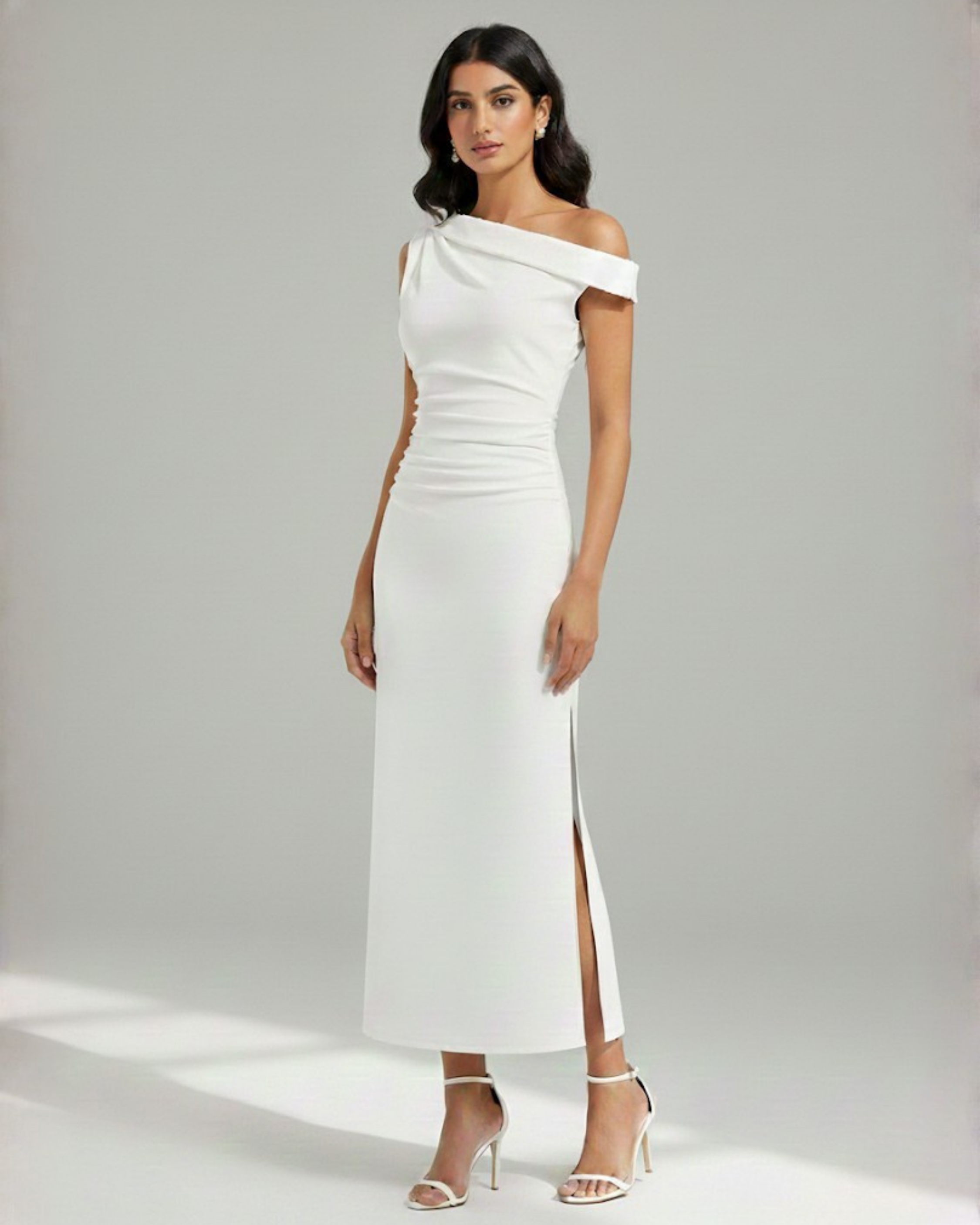 Asymmetrical Neck Ruched Slit Maxi Dress - White