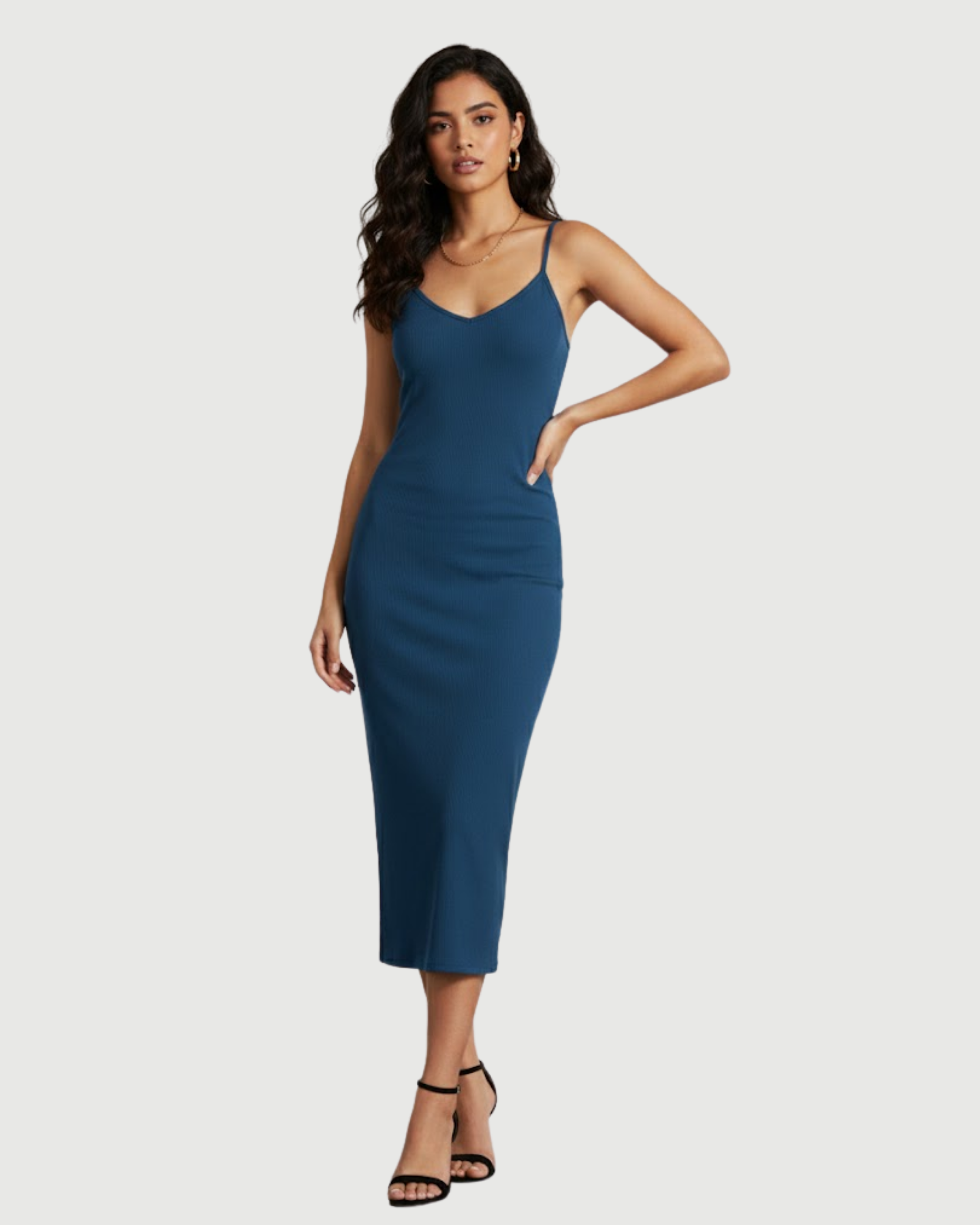 Minimal Solid V-Neck Cami Midi Dress-Blue