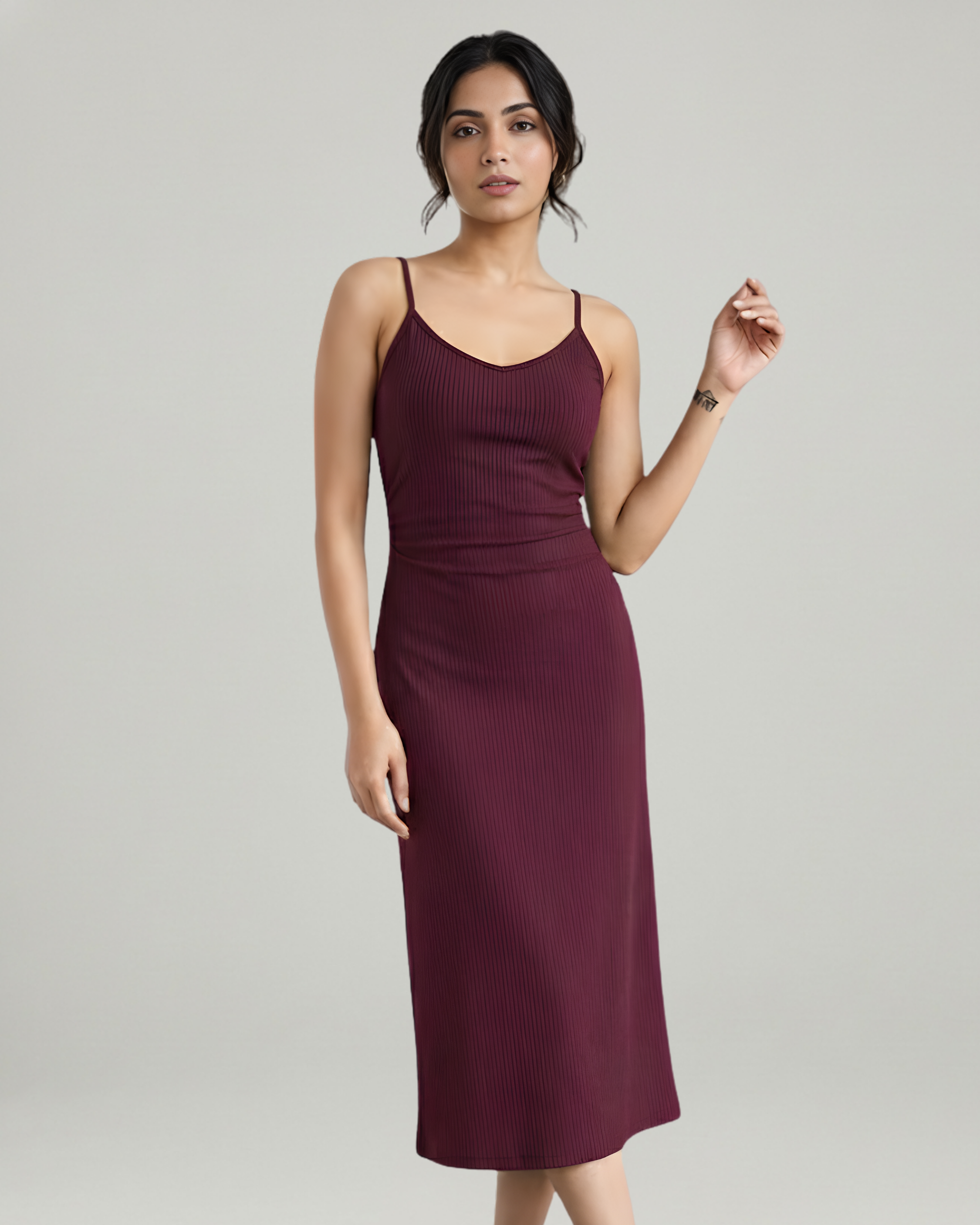Minimal Solid V-Neck Cami Midi Dress-Maroon