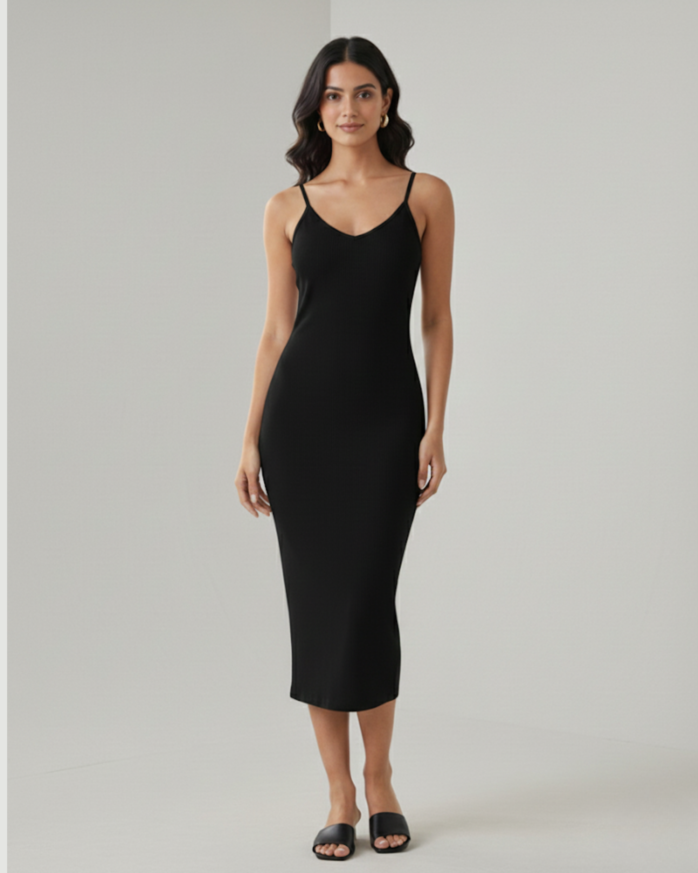 Minimal Solid V-Neck Cami Midi Dress - Black