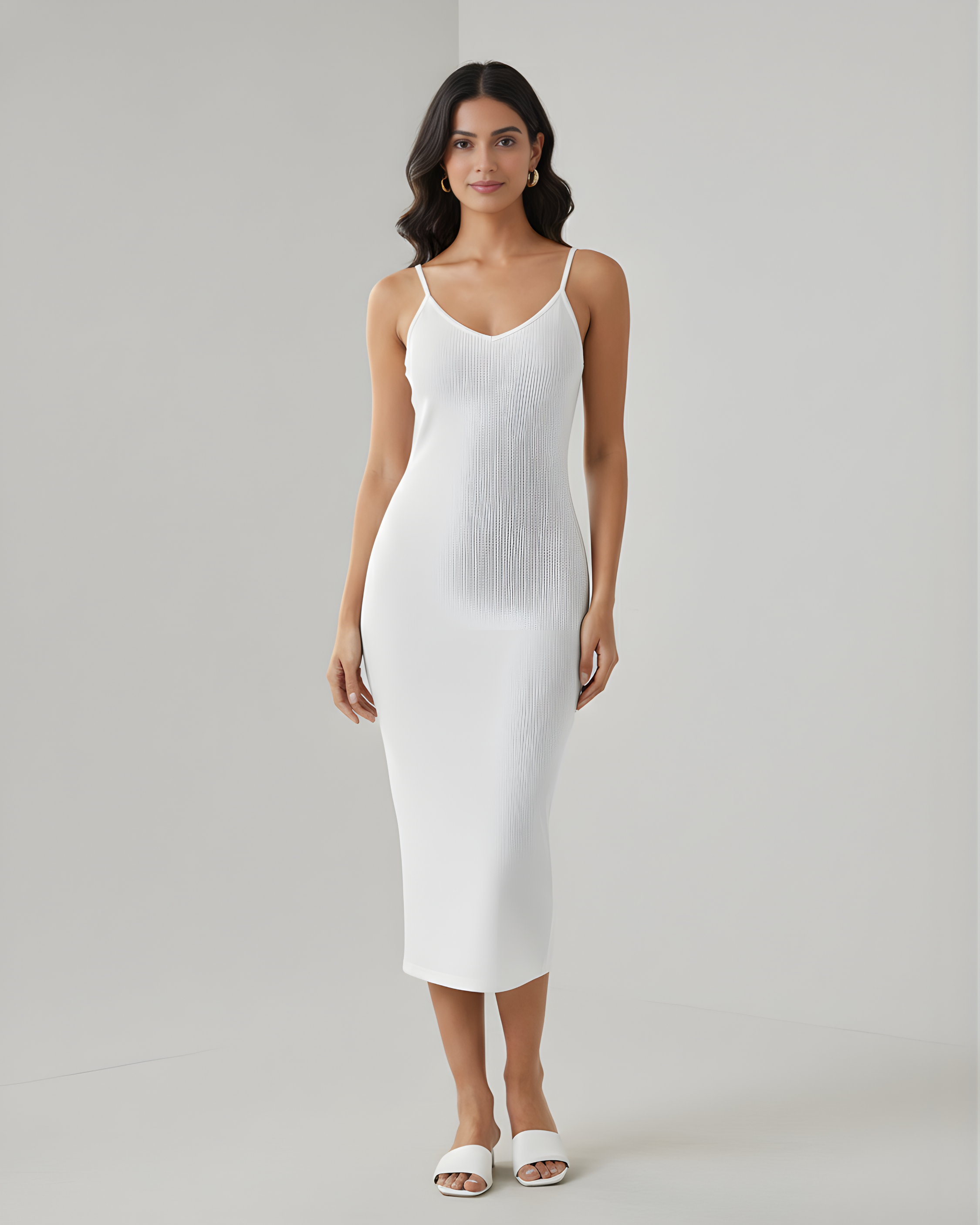 Minimal Solid V-Neck Cami Midi Dress - White