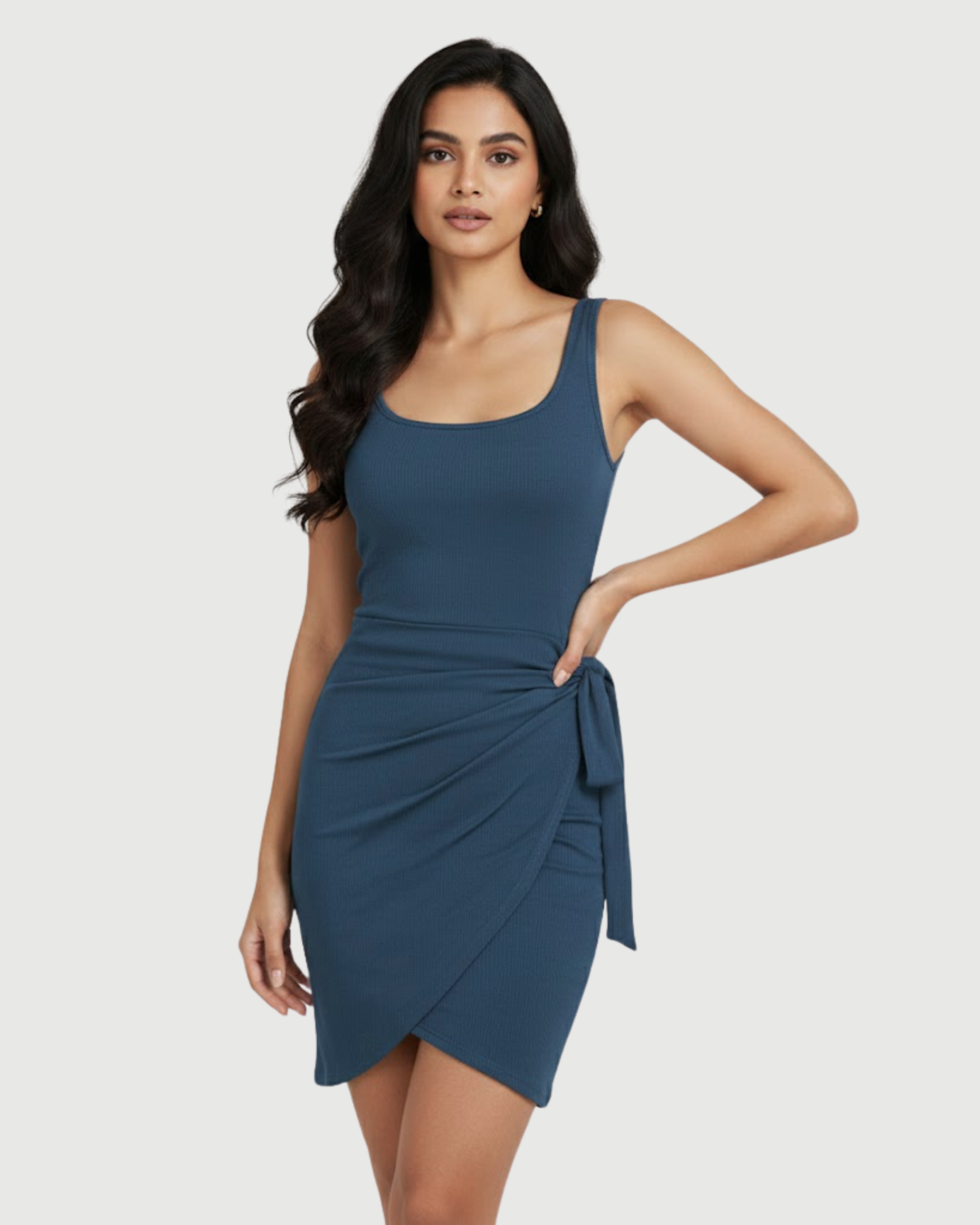 U-Neckline Knot-Detail Mini Dress-Blue