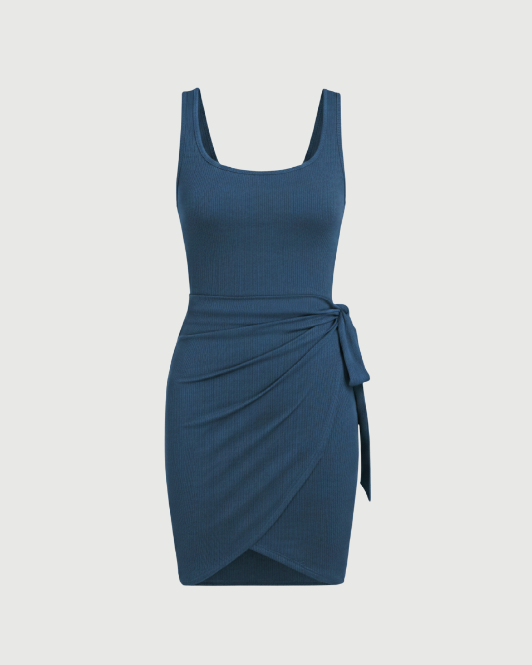 U-Neckline Knot-Detail Mini Dress-Blue