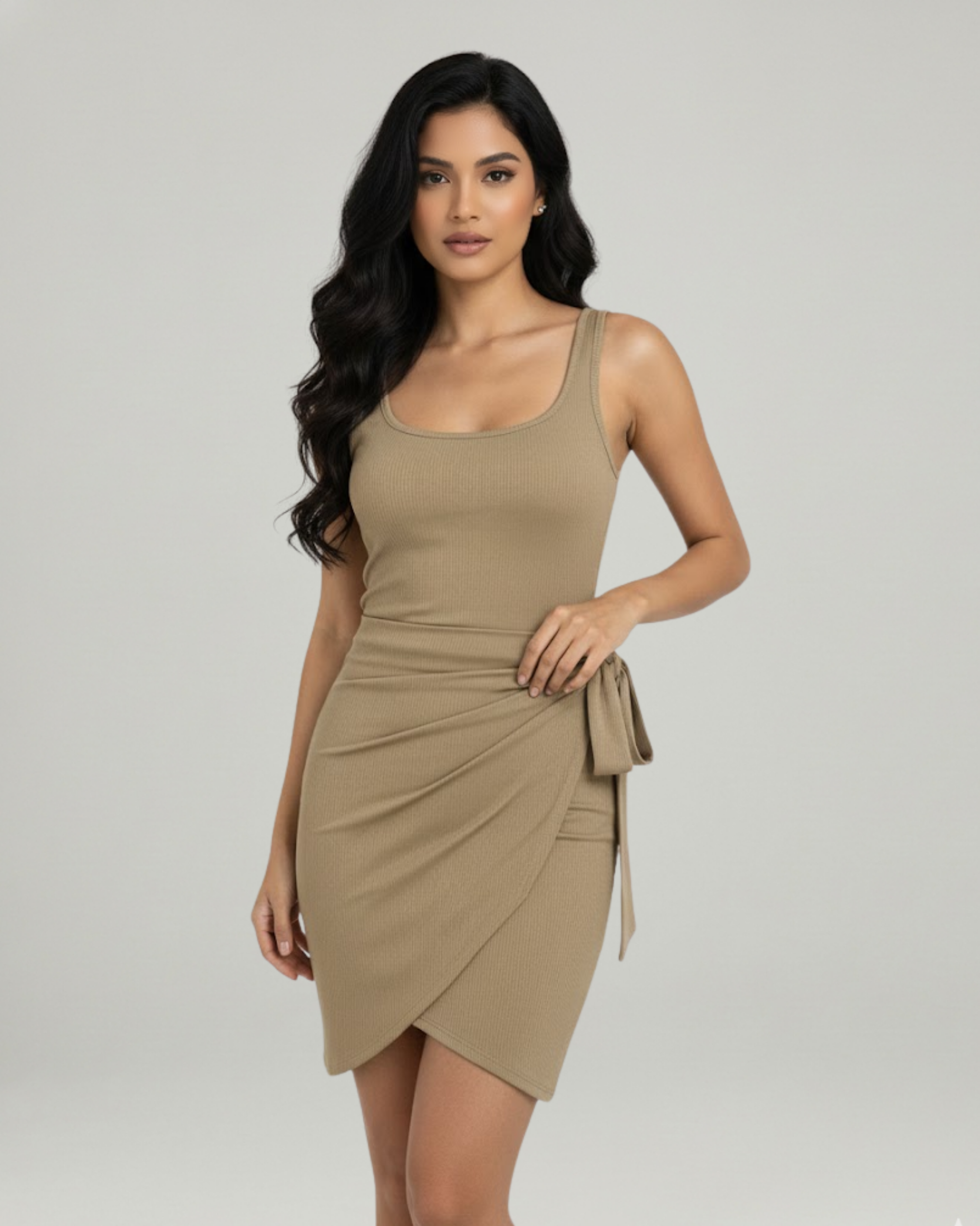 U-Neckline Knot-Detail Mini Dress-Cream