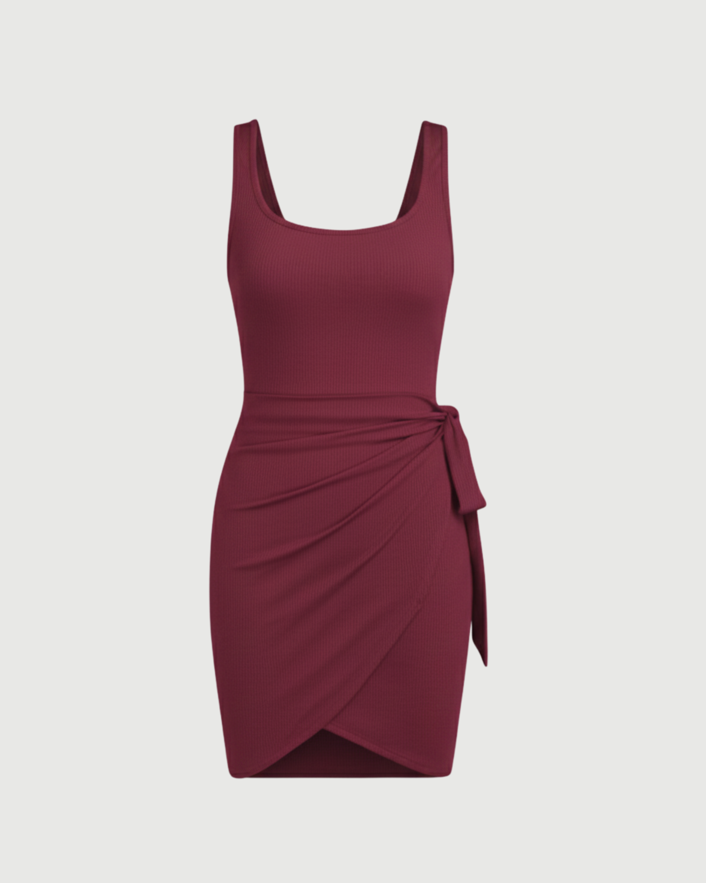 U-Neckline Knot-Detail Mini Dress-Maroon