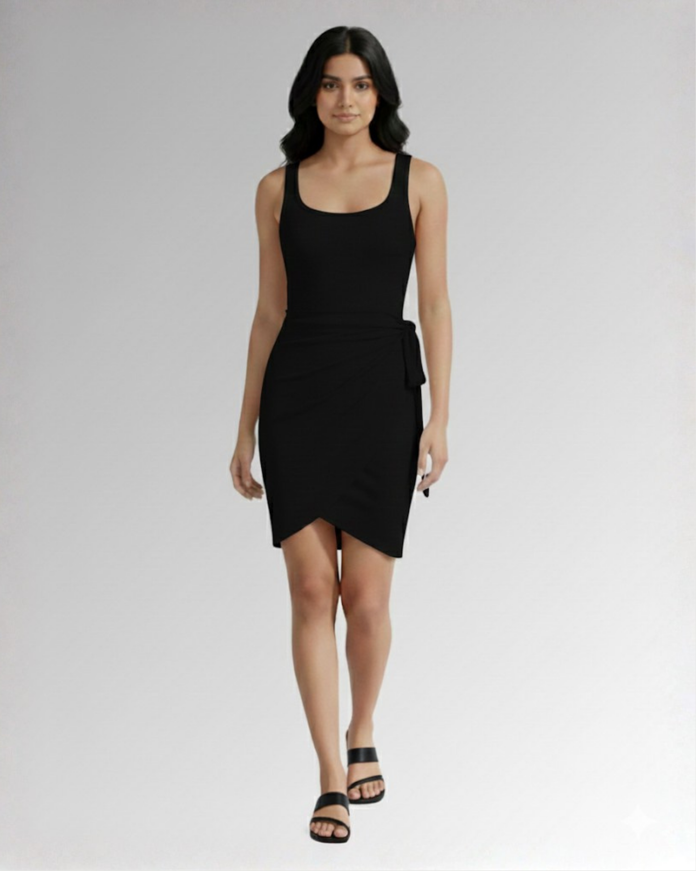 U-Neckline Knot-Detail Mini Dress - Black