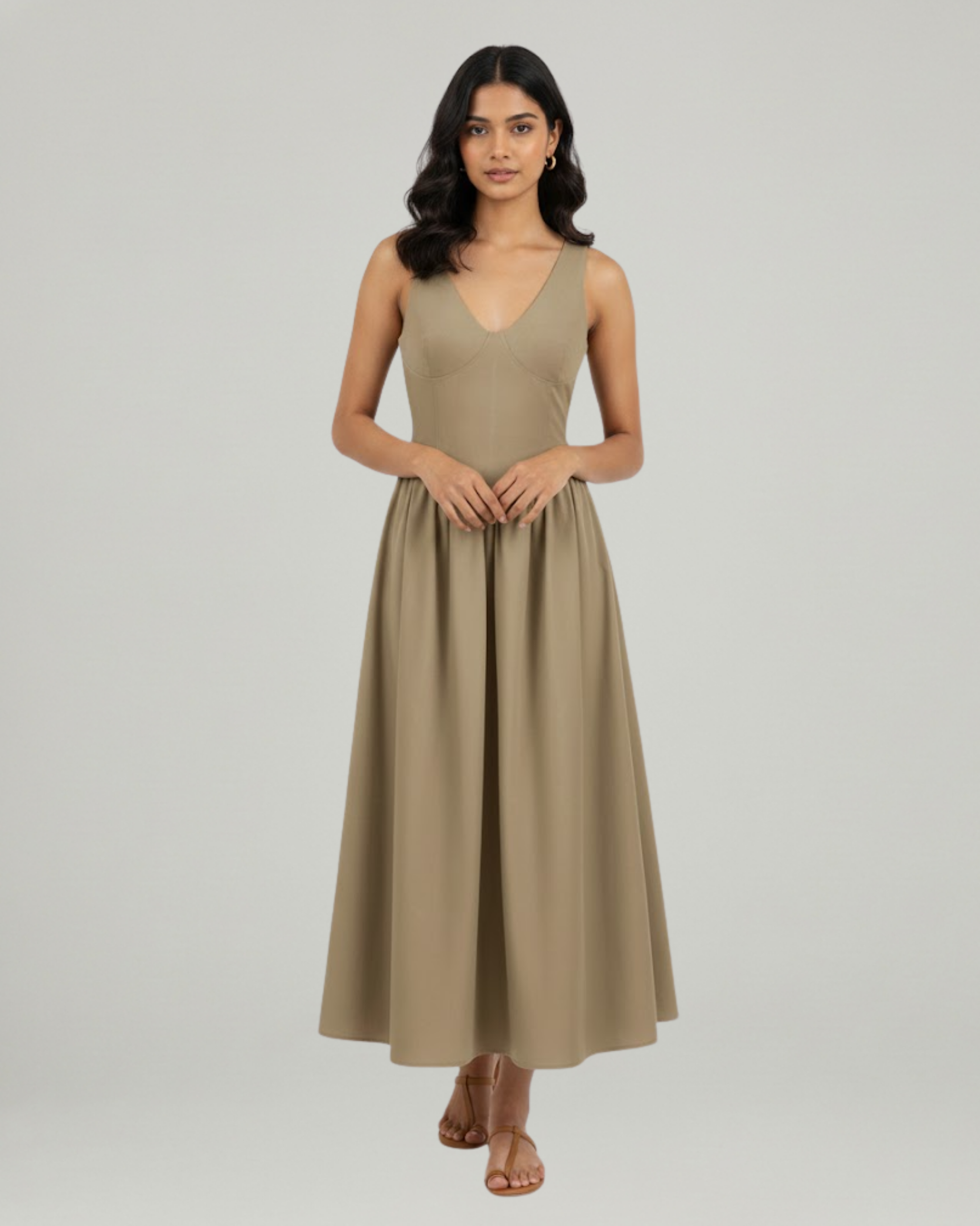 Cotton-Blend V-Neck Ruffle Maxi Dress-Cream