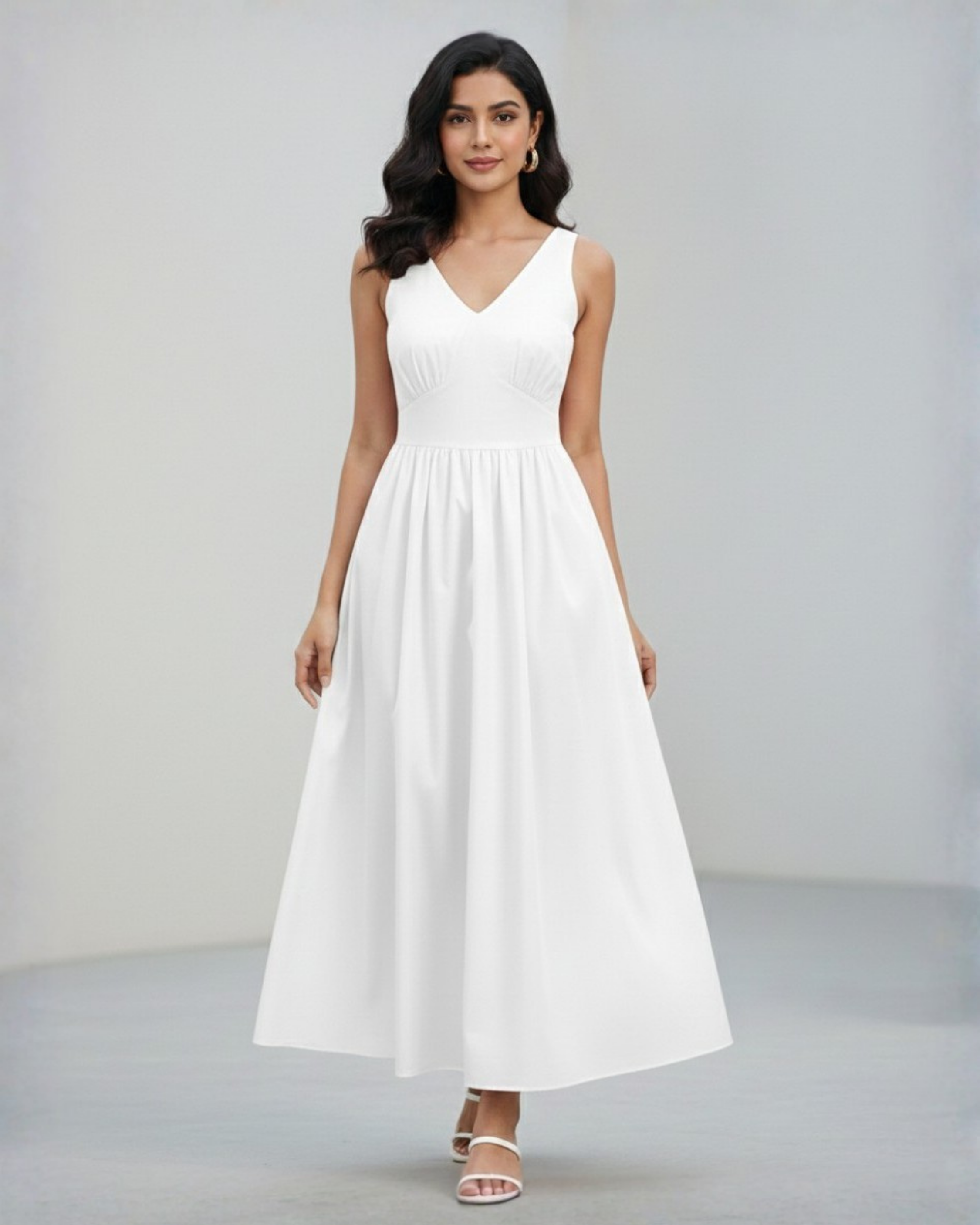 Cotton-Blend V-Neck Ruffle Maxi Dress - White