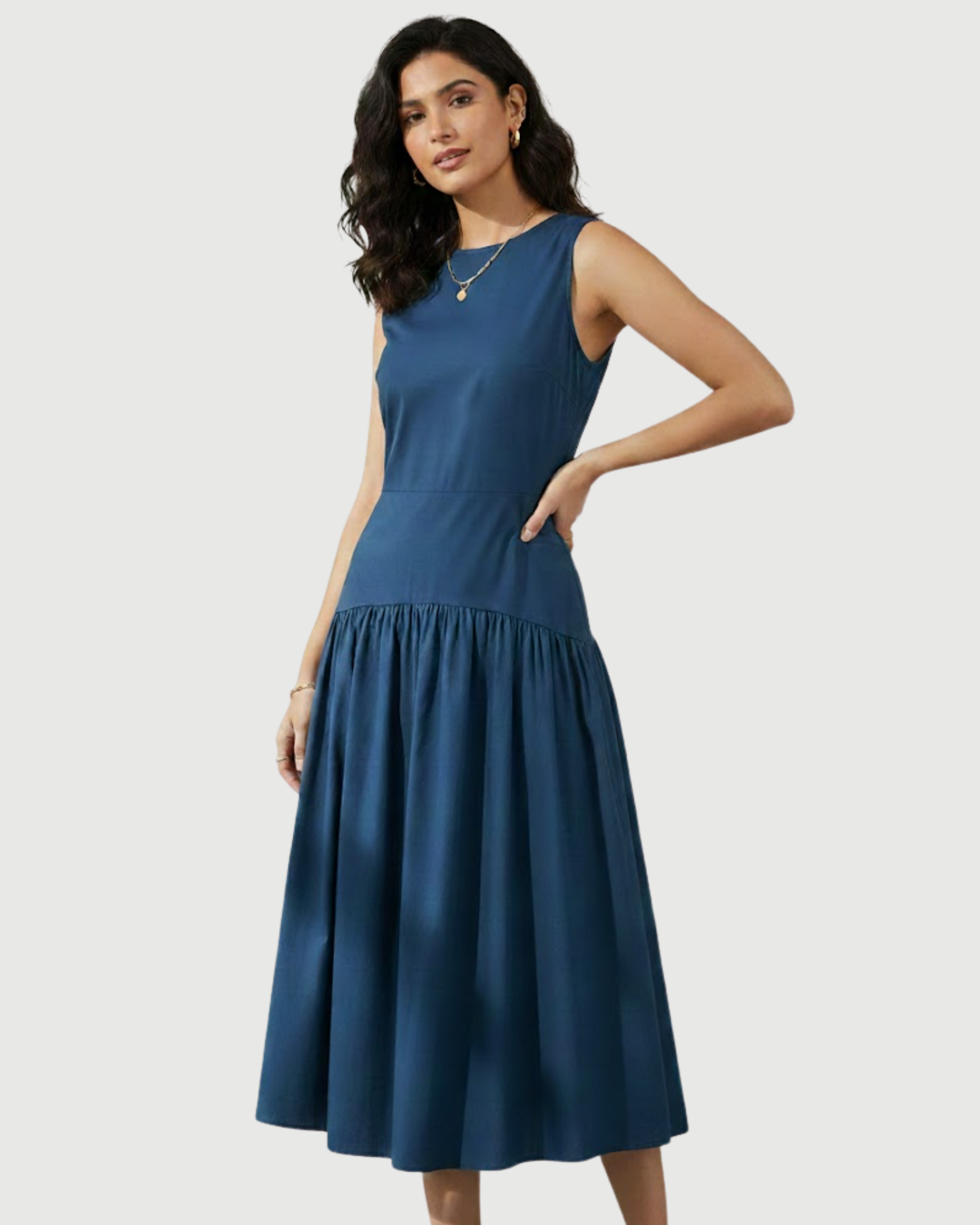 Cotton Ruffle Maxi Dress with Round Neckline-Blue