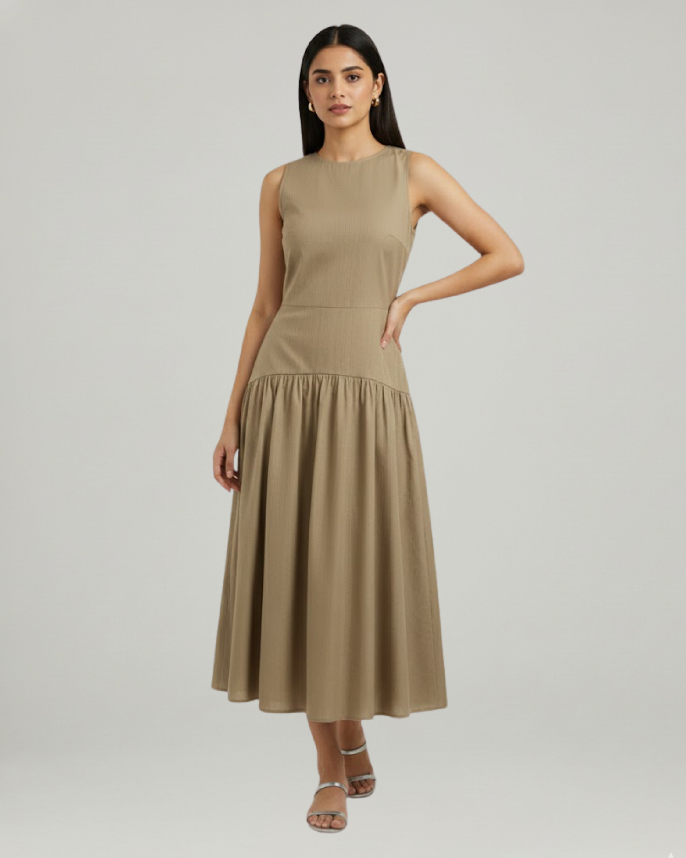 Cotton Ruffle Maxi Dress with Round Neckline-Cream