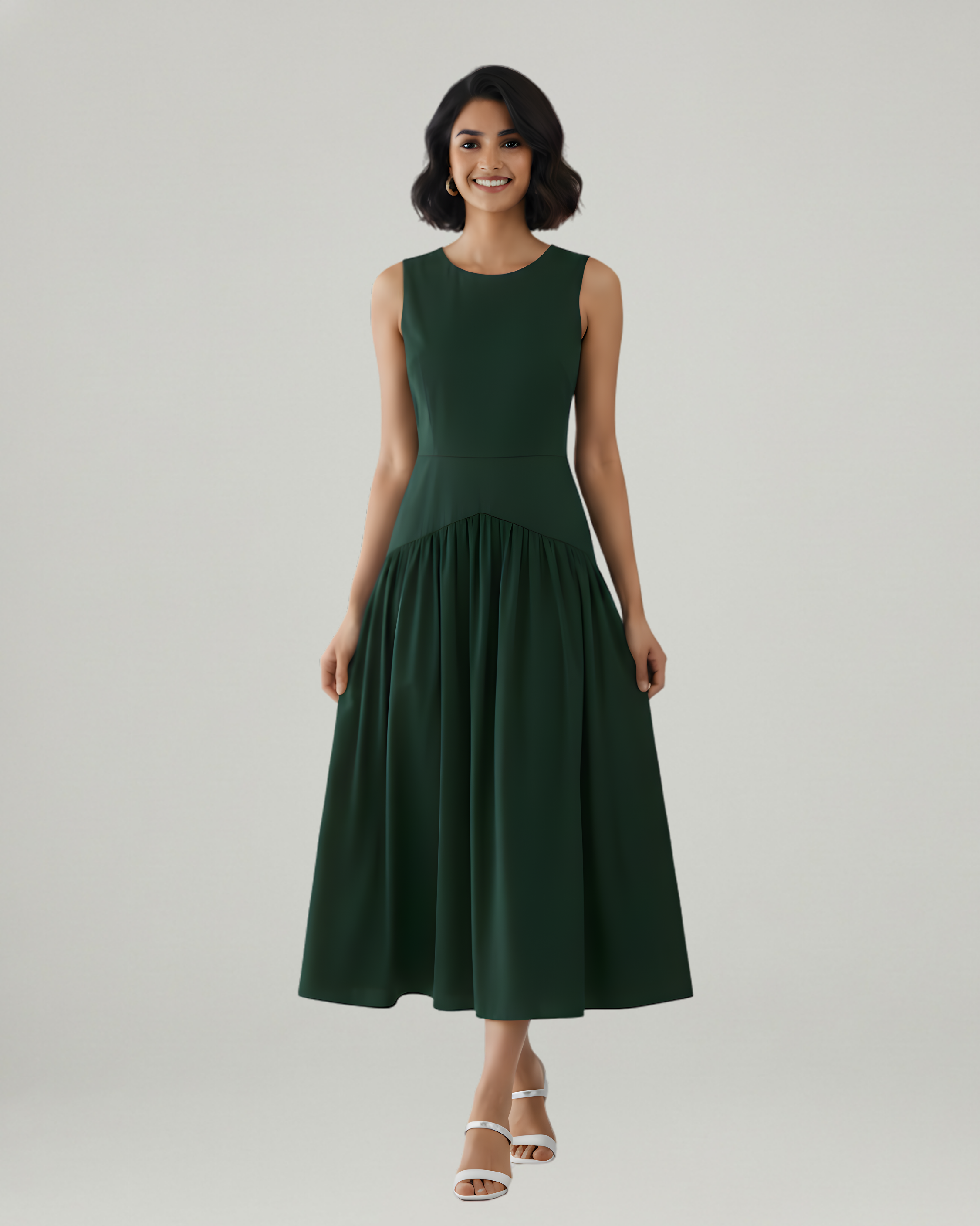 Cotton Ruffle Maxi Dress with Round Neckline-Dark Green